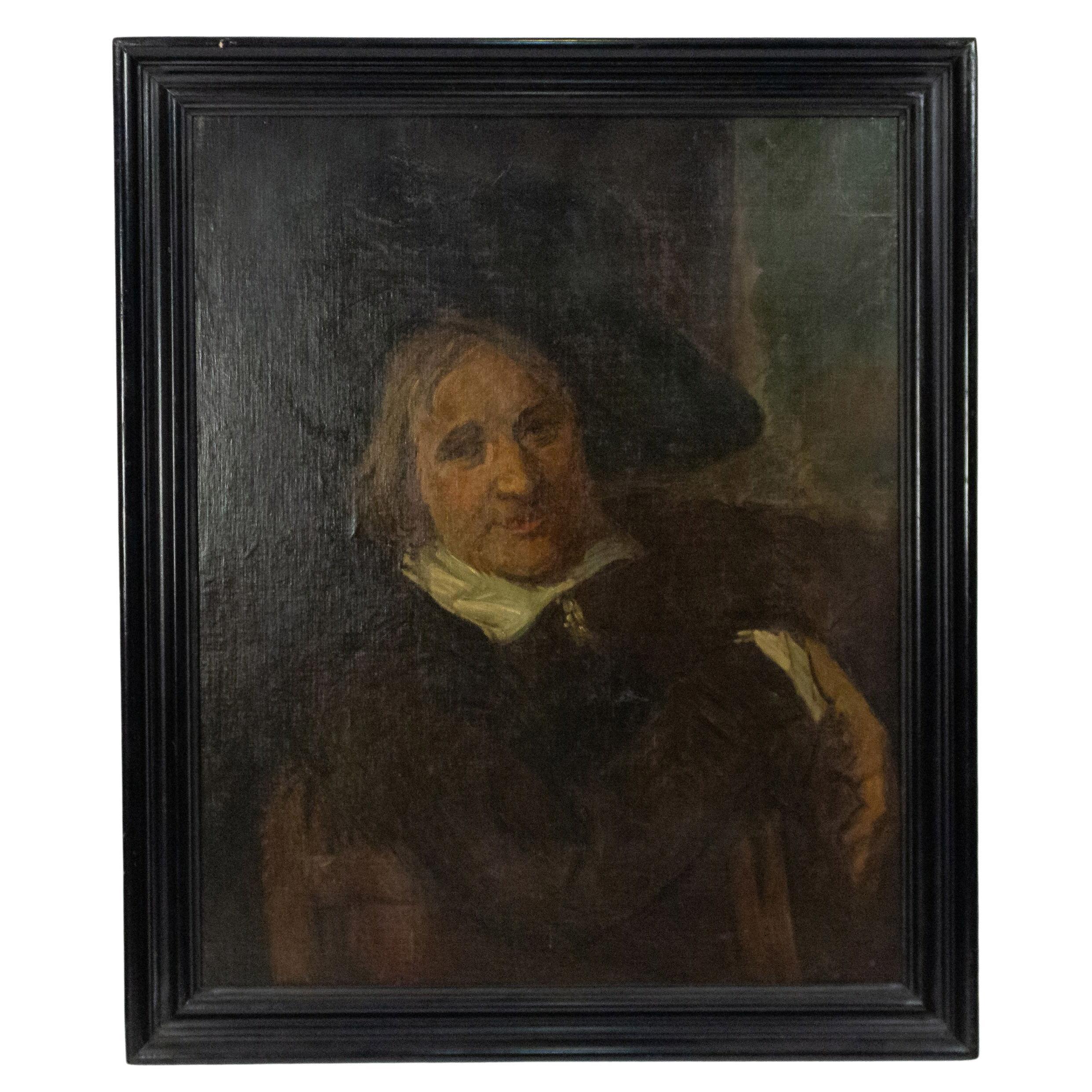 19th Century Dutch Man with Large Hat Oil Portrait Framed For Sale