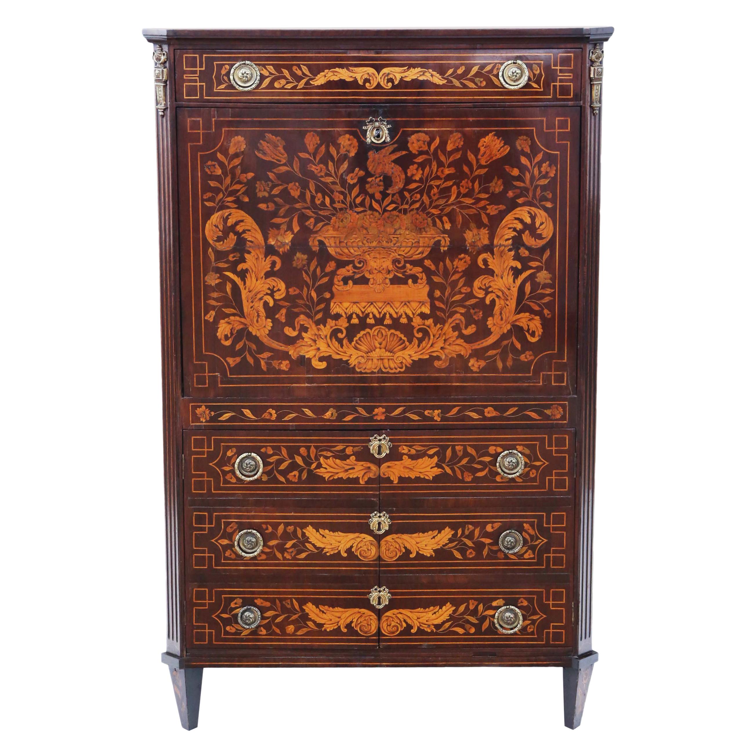 19th Century Dutch Marquetry Bureau Abattant Secretaire Desk