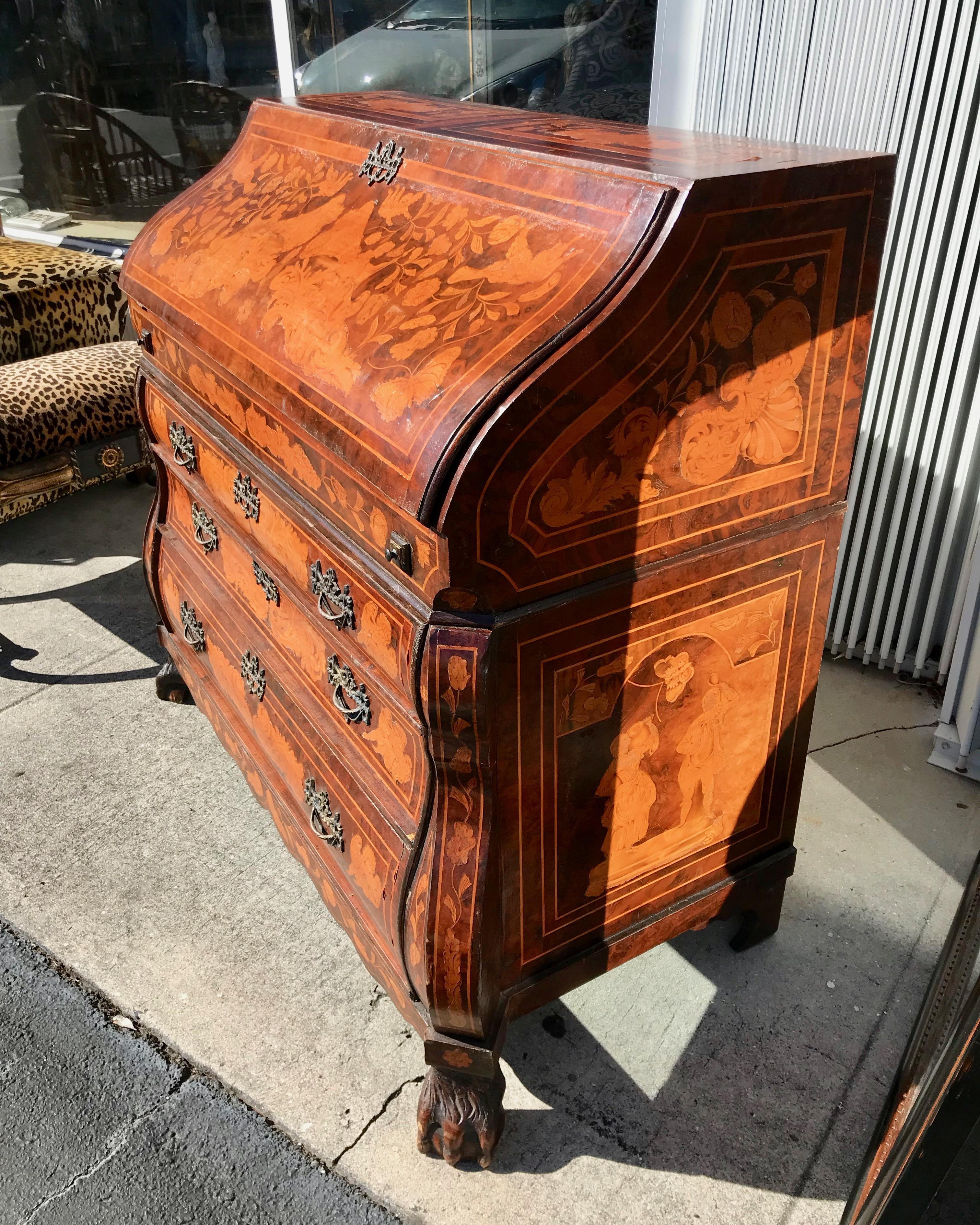 Brass 19th Century Dutch Marquetry Desk For Sale