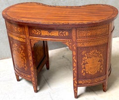 19th Century Dutch Marquetry Kidney Desk with Floral Inlay, Original Key