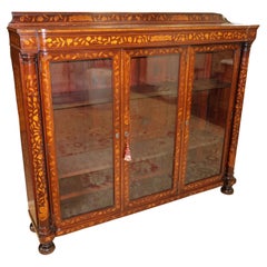 19th Century Dutch Marquetry Mahogany & Satinwood Inlaid Bookcase Cabinet