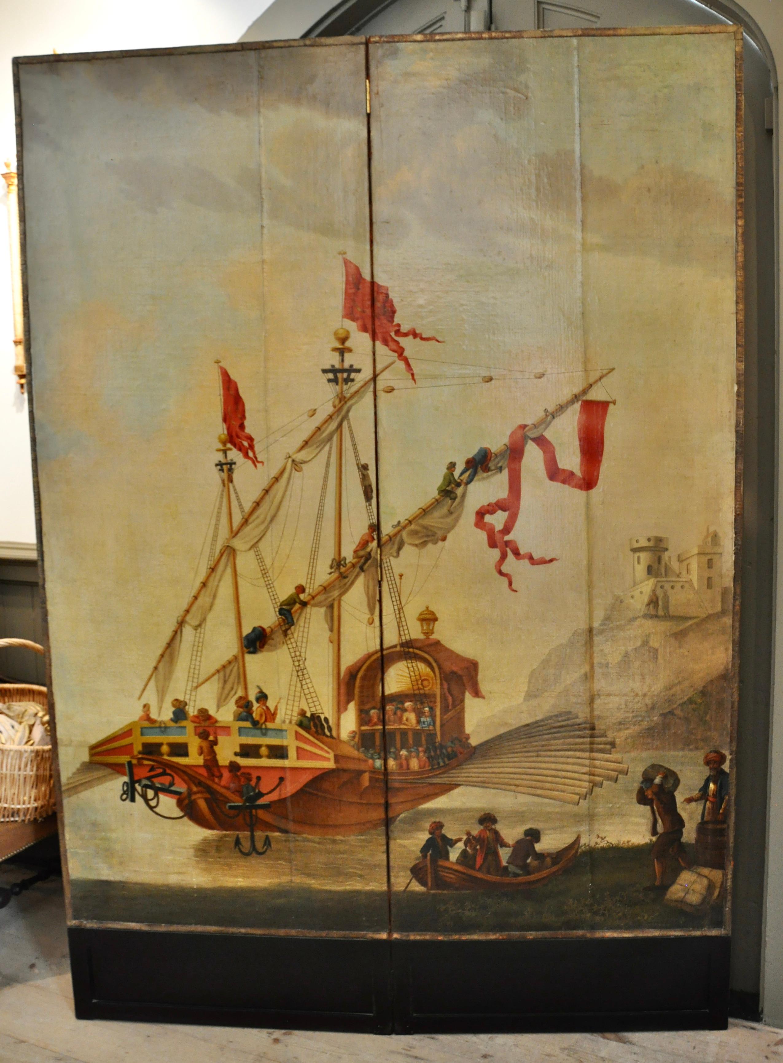 19th century two-panel room divider or screen. Showing Turkish sailing ship with sailors. Full sail and beautiful oared and masted vessel. Large scale. Fresh and narrative. Good colors. Oil on canvas or leather. Remarkably good condition.