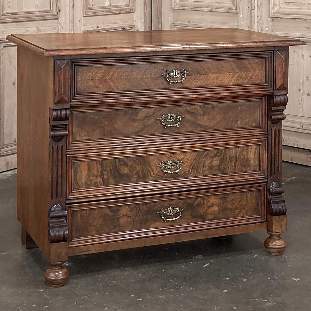 19th century Dutch Neoclassical Chest of Drawers with Burl Walnut is an unusual example produced by master cabinetmakers using pine for the casework and exquisitely figured walnut and burl walnut veneers for an outer facade. The spacious top with