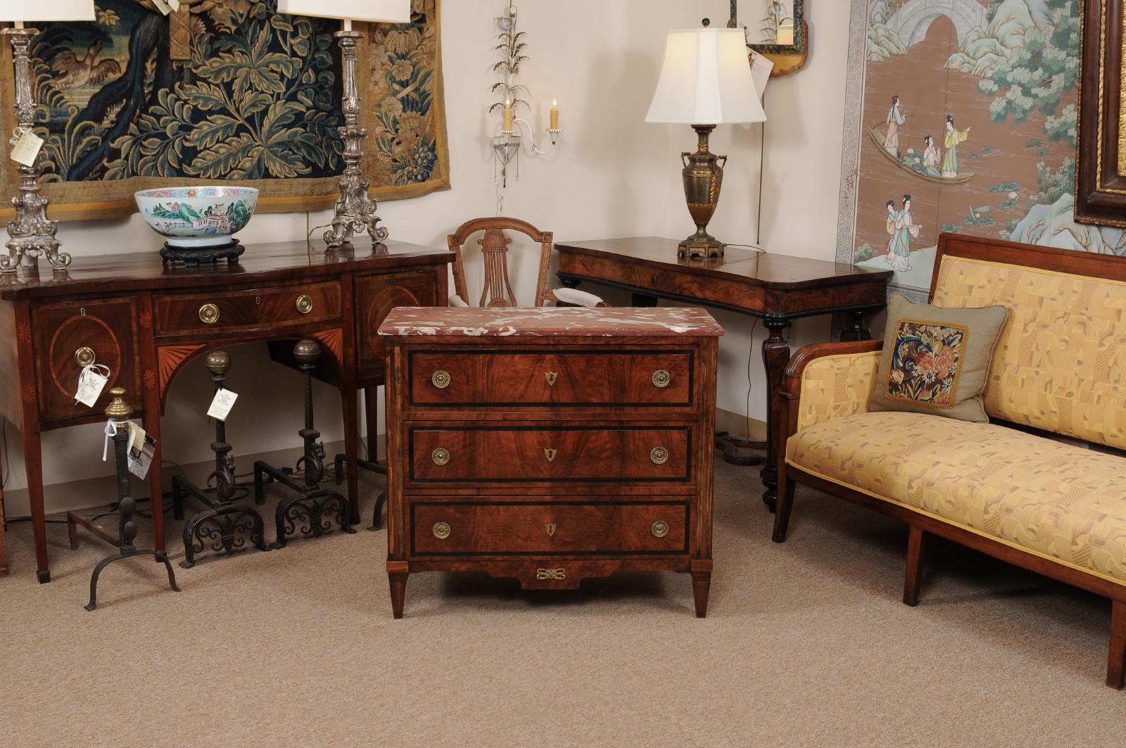 19th Century Dutch Neoclassical Walnut Inlaid Commode with Red Marble Top 6