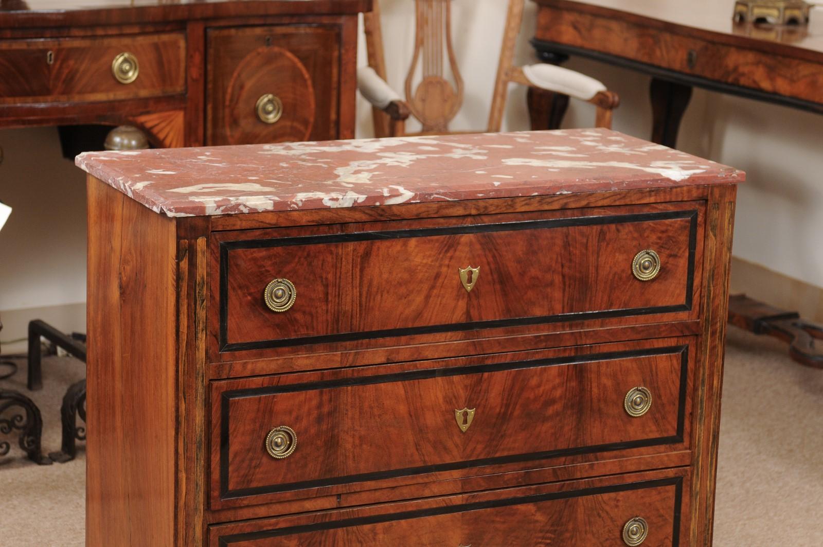 Inlay 19th Century Dutch Neoclassical Walnut Inlaid Commode with Red Marble Top