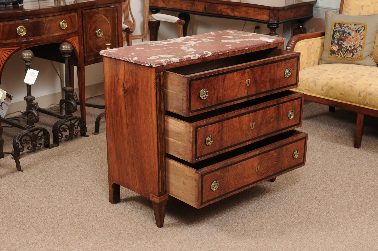 19th Century Dutch Neoclassical Walnut Inlaid Commode with Red Marble Top 1