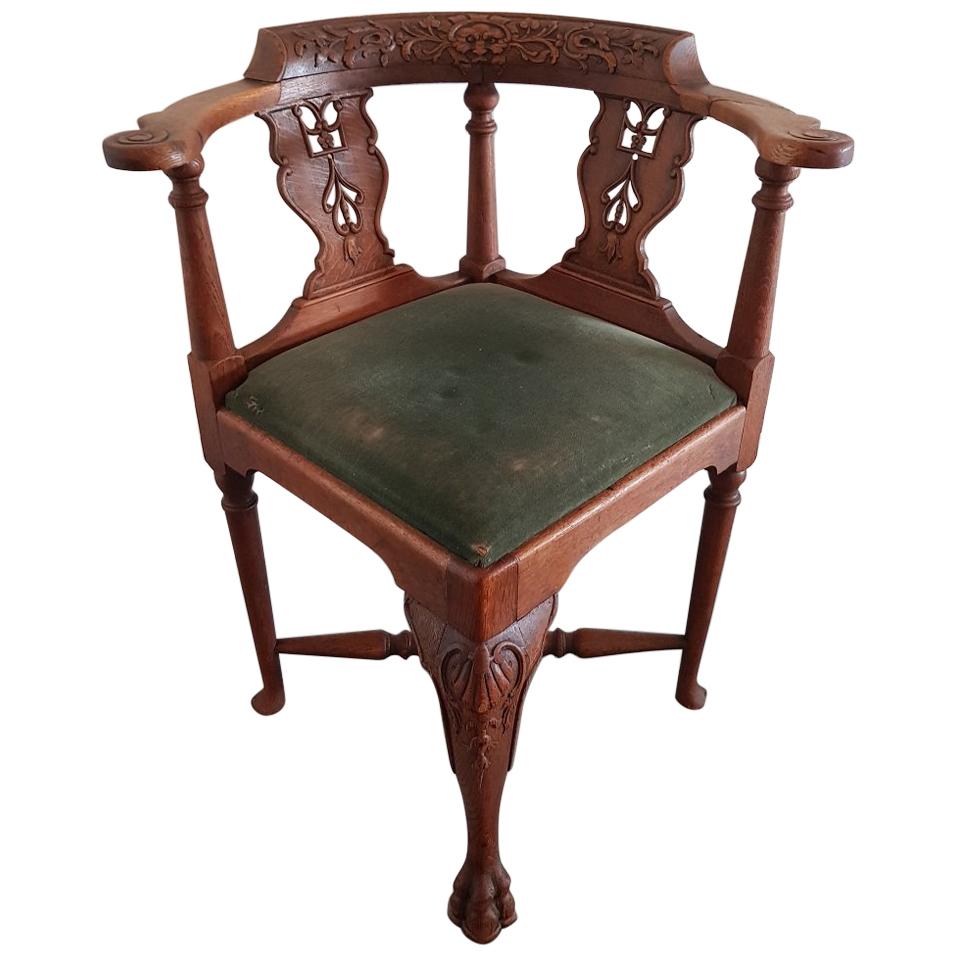 19th Century Dutch Oak Corner Chair with Carvings