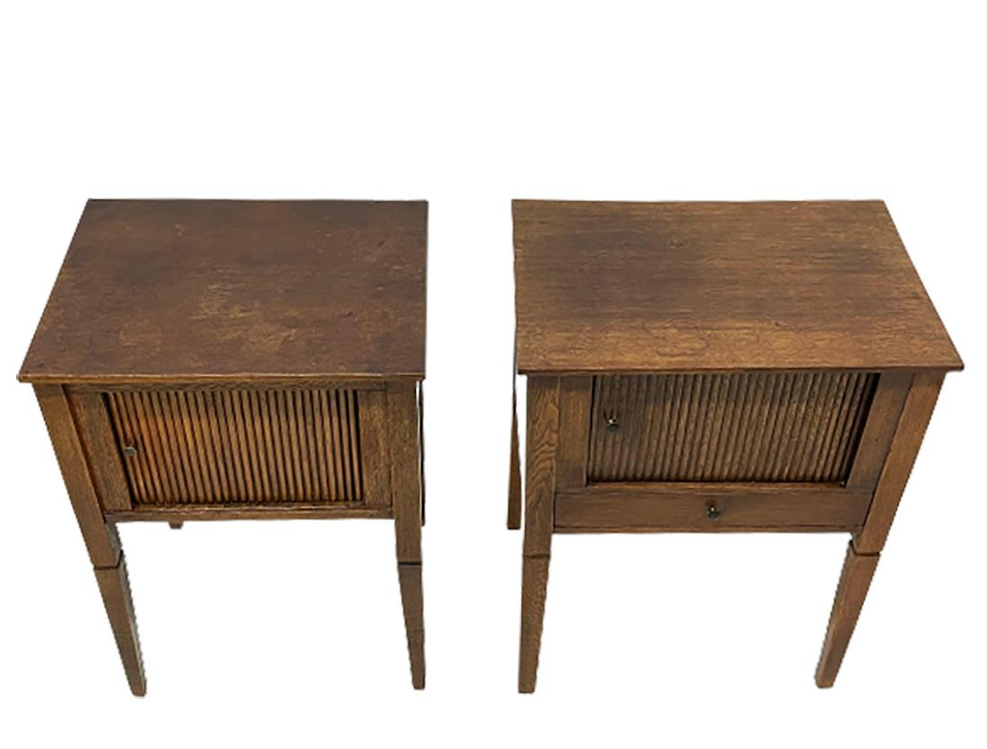 19th century Dutch oak side tables

19th century Dutch oak side tables with tambour door and 1 table has an extra drawer. 
Can also be used for bedside tables

* table without drawer measures 62,7 cm high, 43 cm wide and the depth is 33,7 cm (5