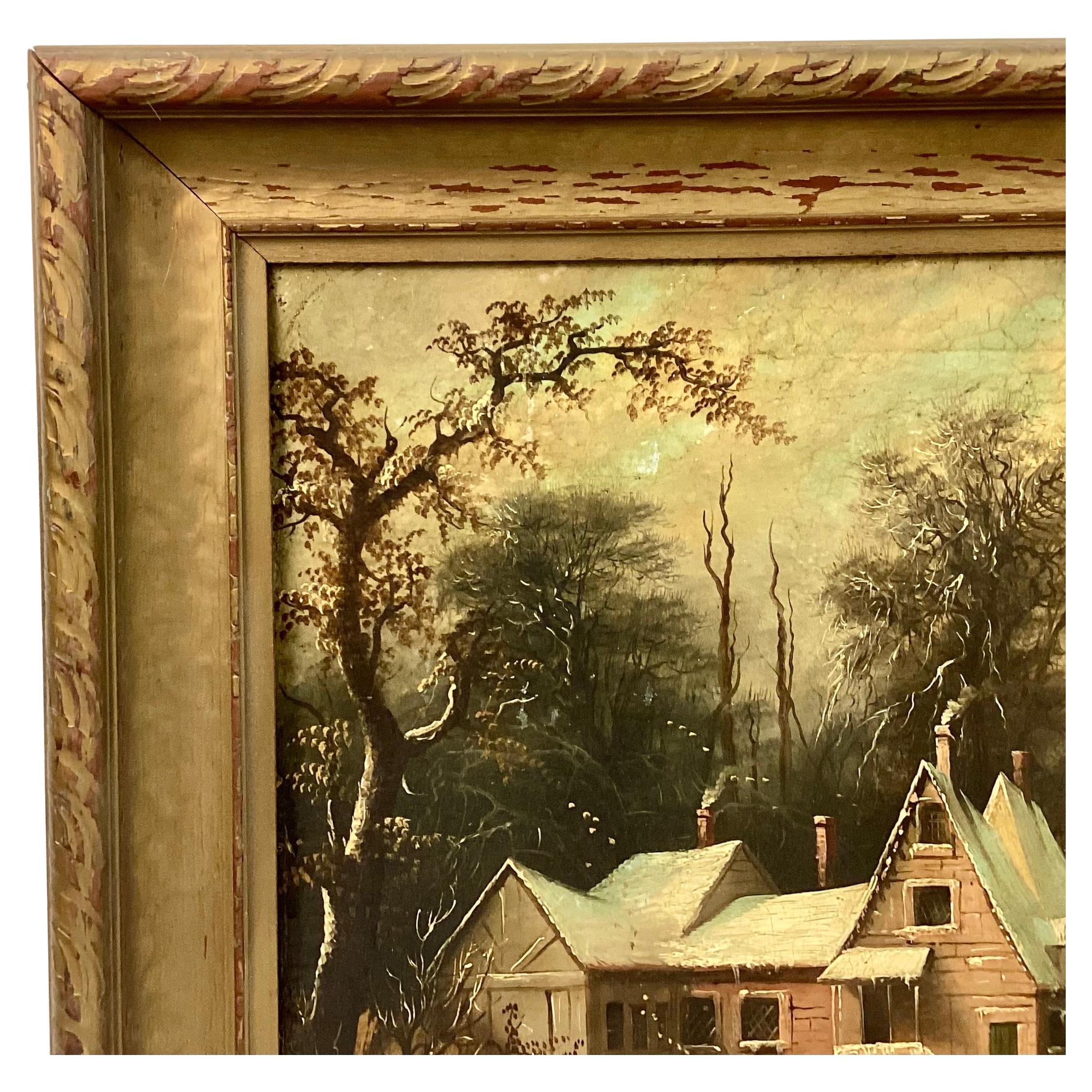 Paysage d'hiver hollandais du 19e siècle, peinture à l'huile sur carton d'artiste, encadrée. La peinture représente une scène d'extérieur avec des personnages marchant près d'une maison par une journée enneigée, avec un pont et un moulin à vent à