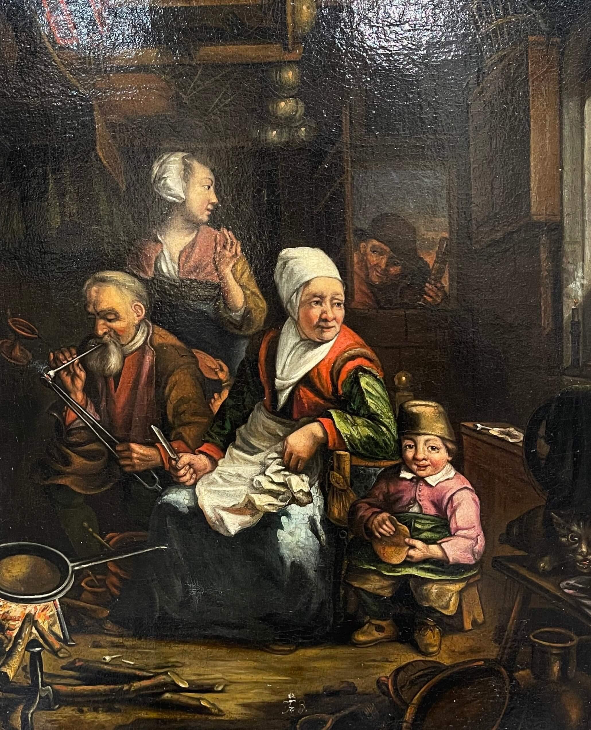 Decorate an office or a study with this elegant antique painting on canvas. Created in Holland circa 1860 and set in the original carved gilt frame, the artwork depicts a home family scene with peasants in traditional clothing in the matter of