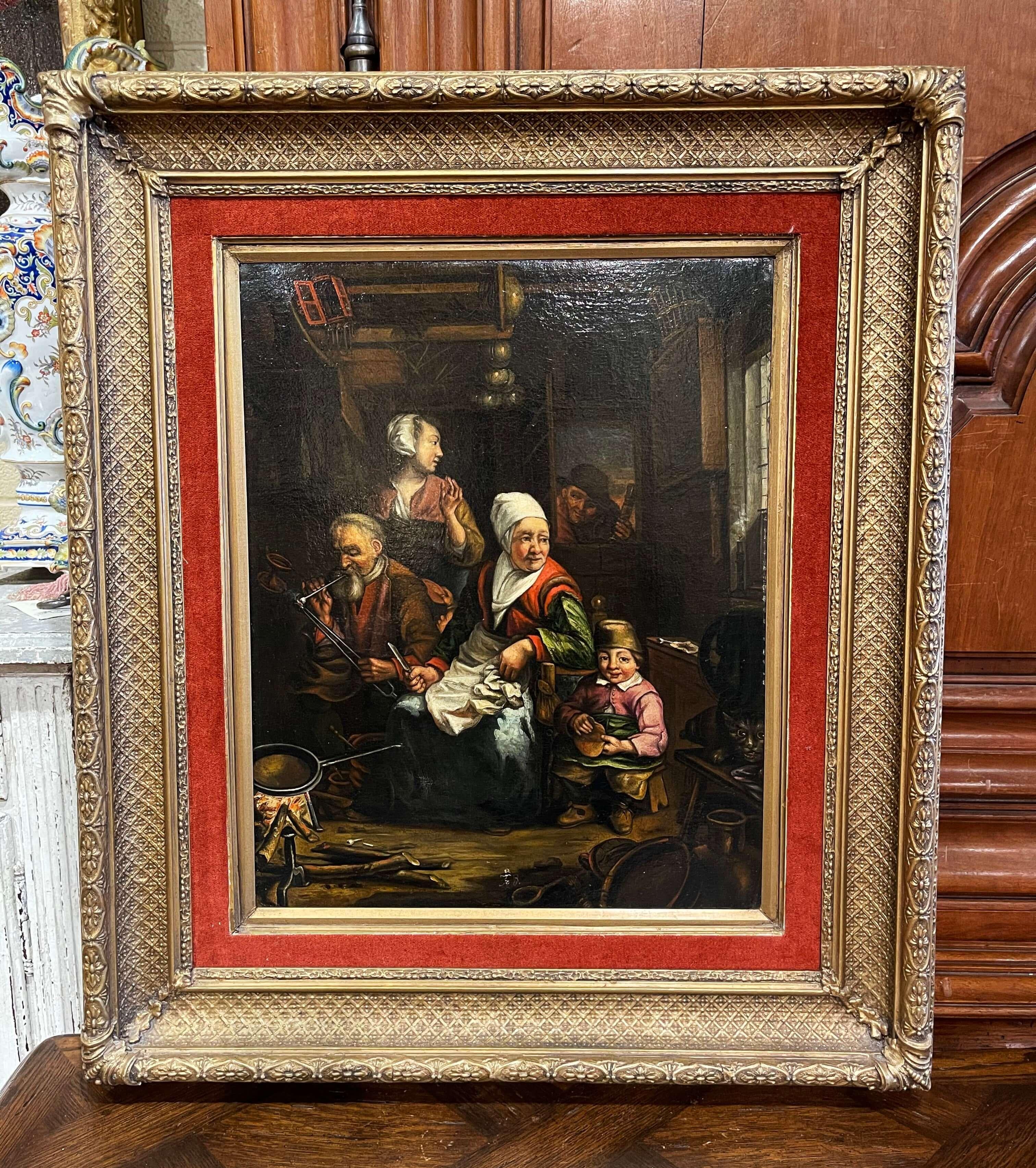 19th Century Dutch Oil on Canvas Painting in Carved Gilt Frame After D. Teniers In Excellent Condition For Sale In Dallas, TX