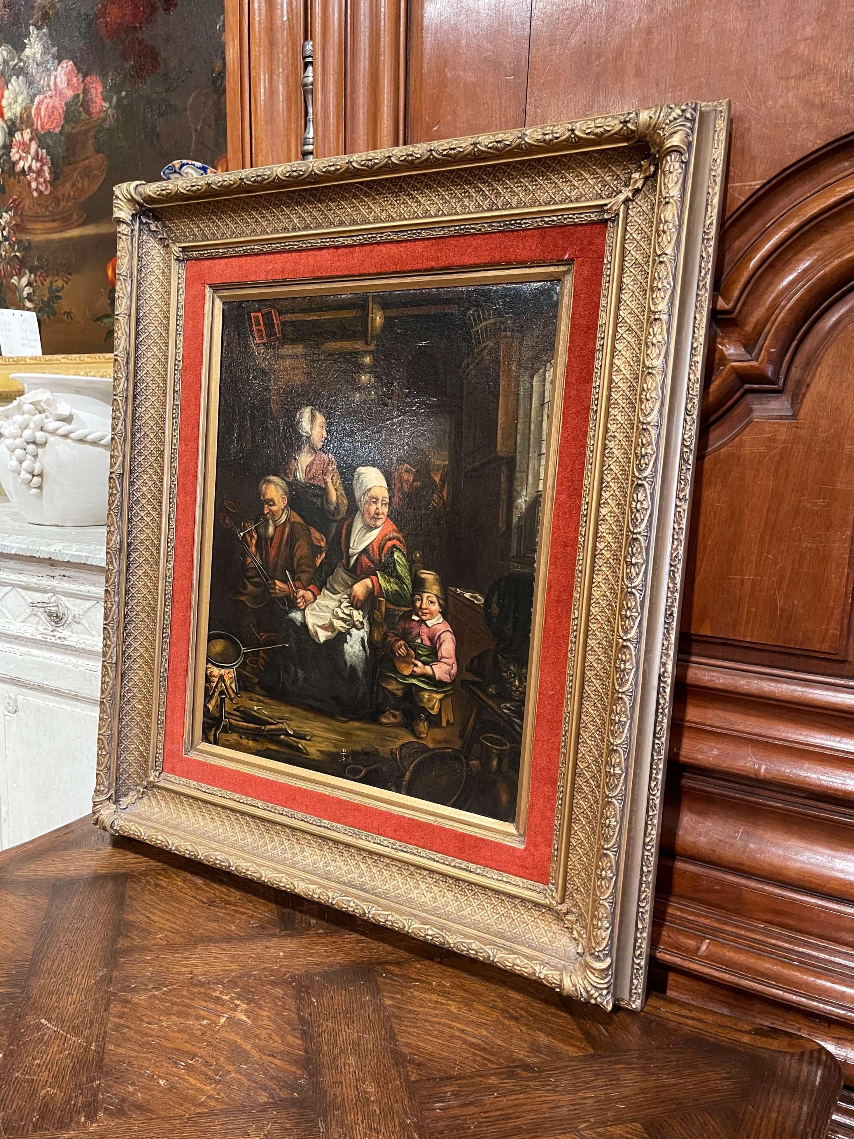 19th Century Dutch Oil on Canvas Painting in Carved Gilt Frame After D. Teniers For Sale 3