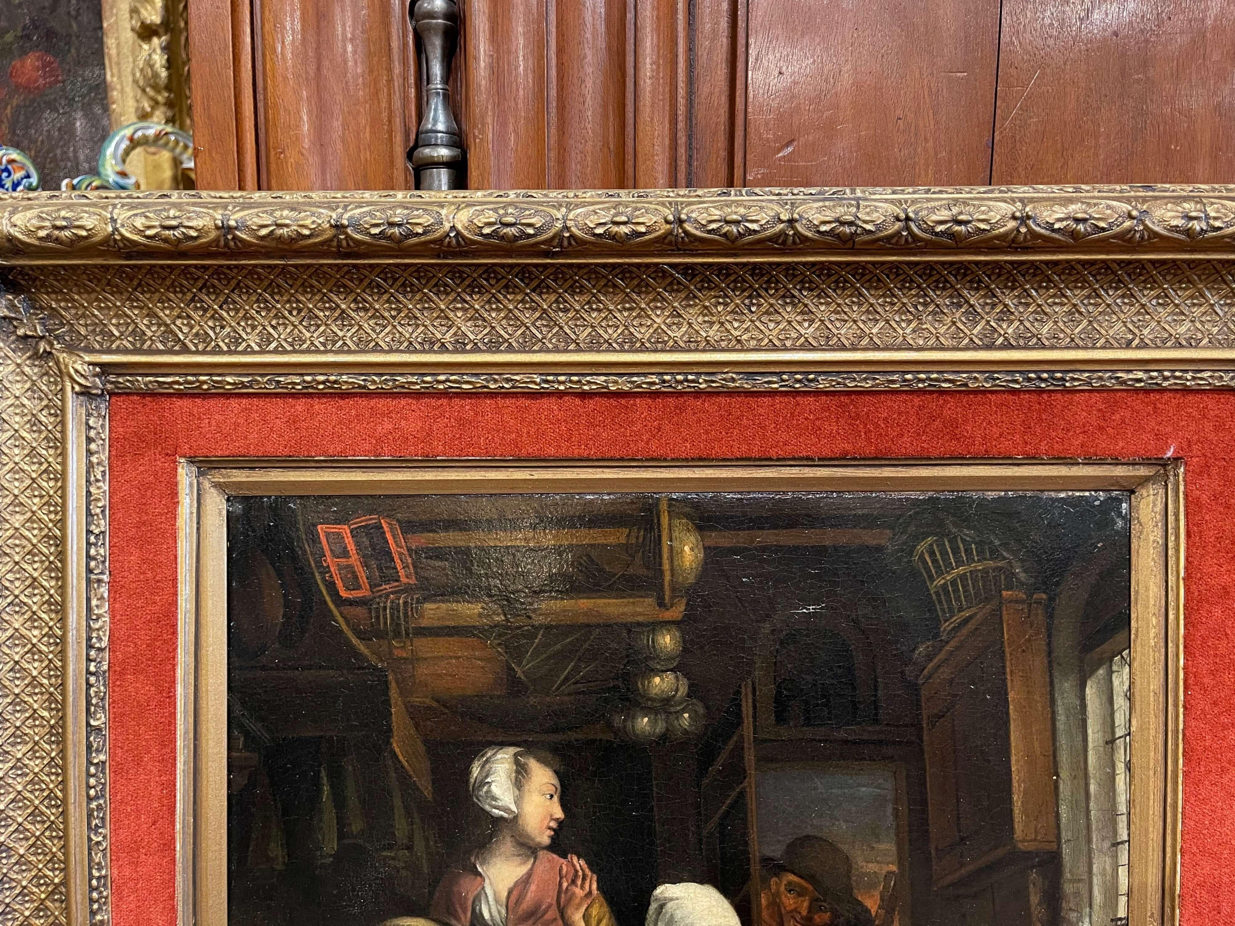 19th Century Dutch Oil on Canvas Painting in Carved Gilt Frame After D. Teniers For Sale 4