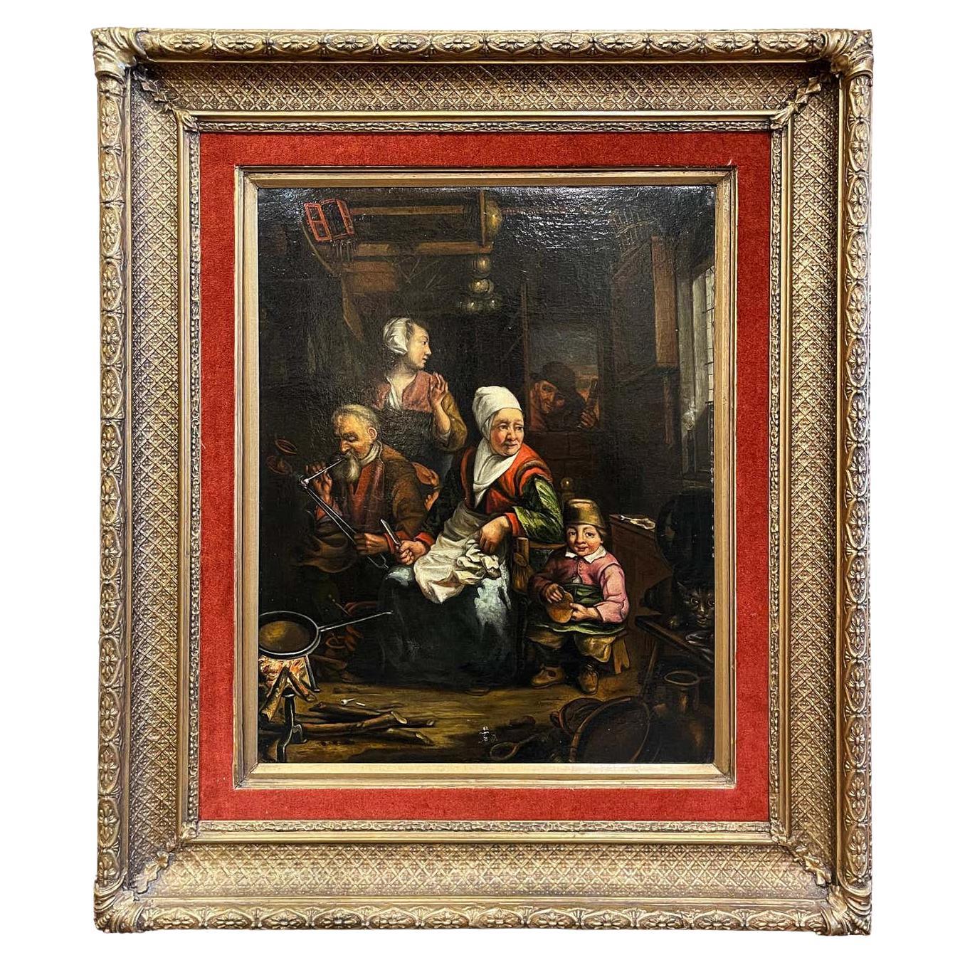 Peinture à l'huile sur toile hollandaise du 19ème siècle dans un cadre sculpté et doré d'après D. Teniers