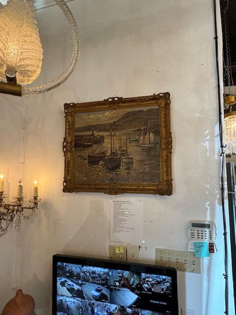 Hand-Painted 19th Century Dutch Oil on Canvas Painting of a Harbor For Sale