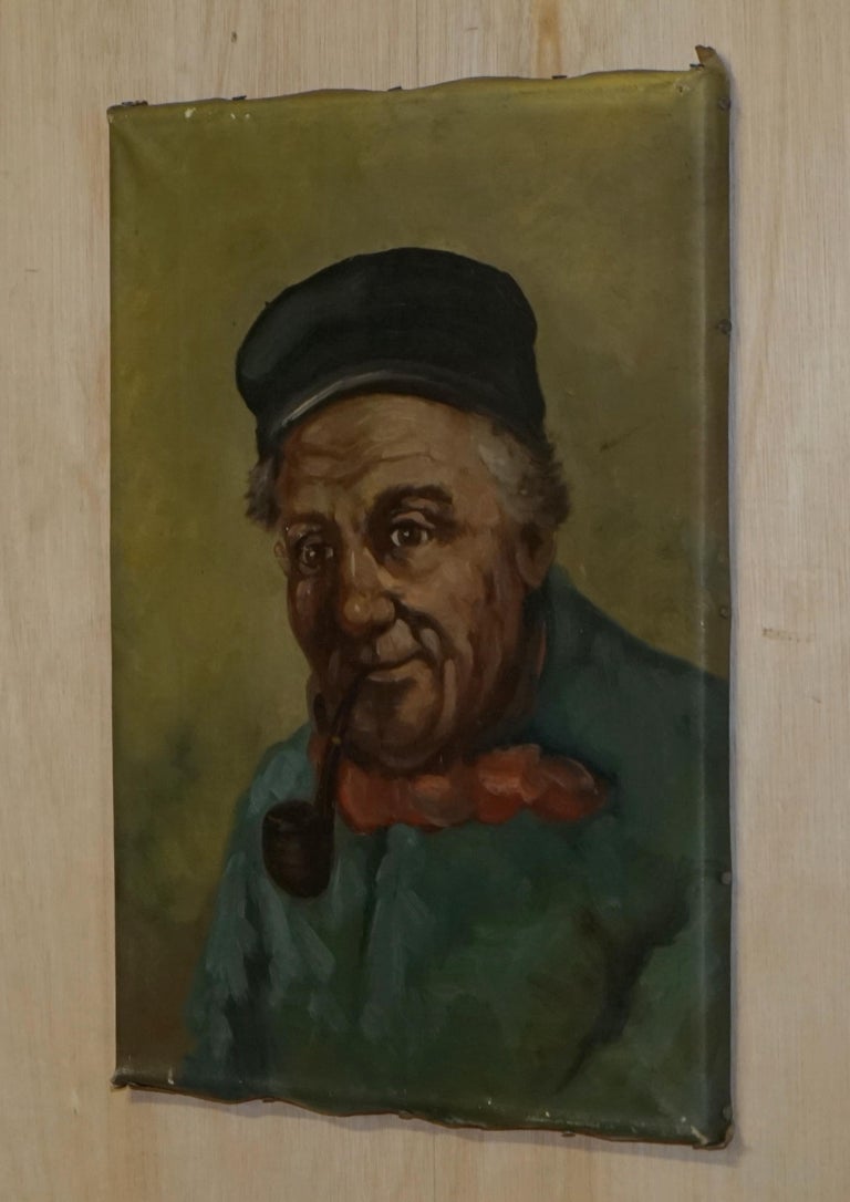 19th Century Dutch Oil on Canvas Painting of Old Man Smoking