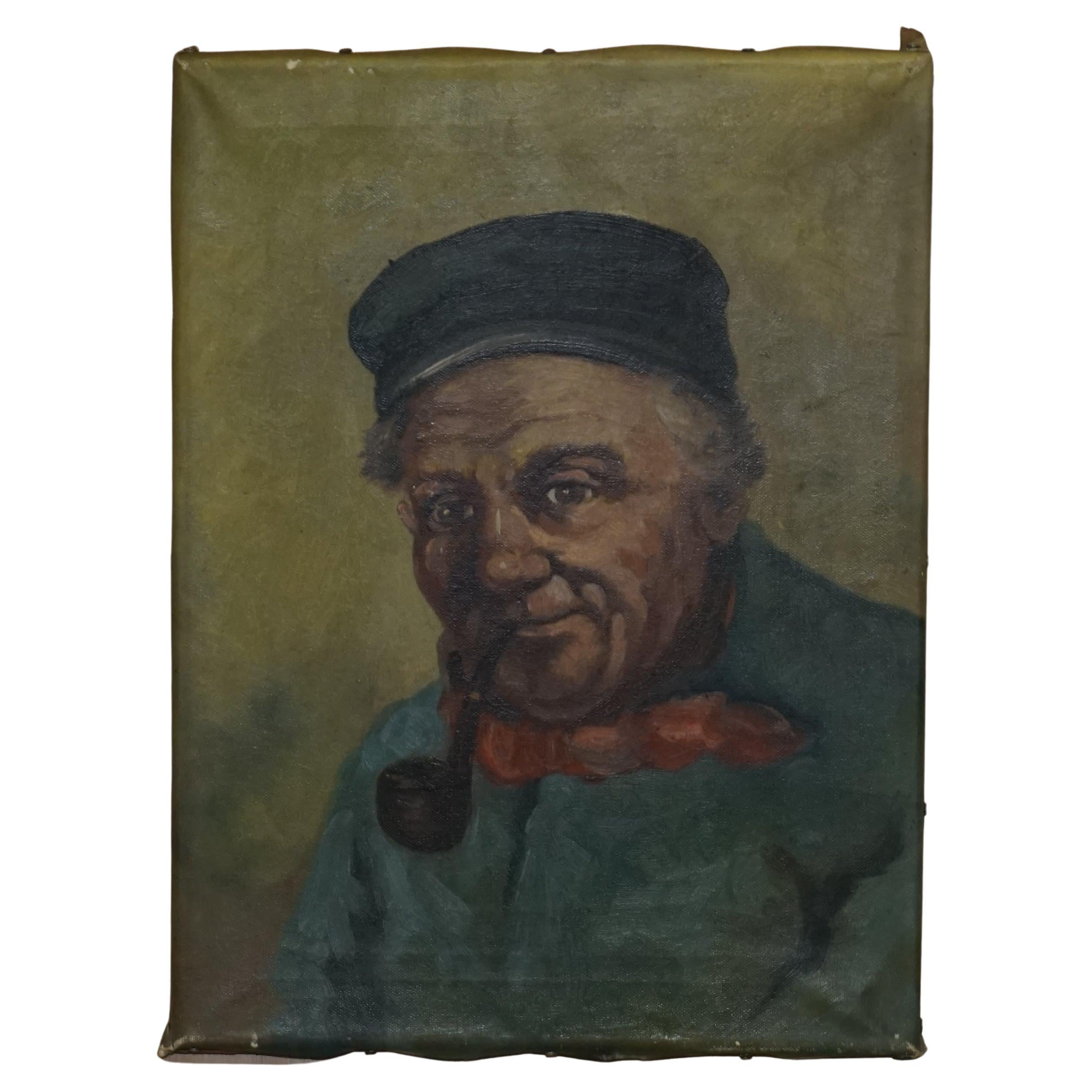 19th Century Dutch Oil on Canvas Painting of Old Man Smoking a Pipe Part Suite For Sale