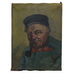 19th Century Dutch Oil on Canvas Painting of Old Man Smoking a Pipe Part Suite