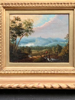 Early 19th century Dutch or Flemish River Landscape, figure crossing a bridge