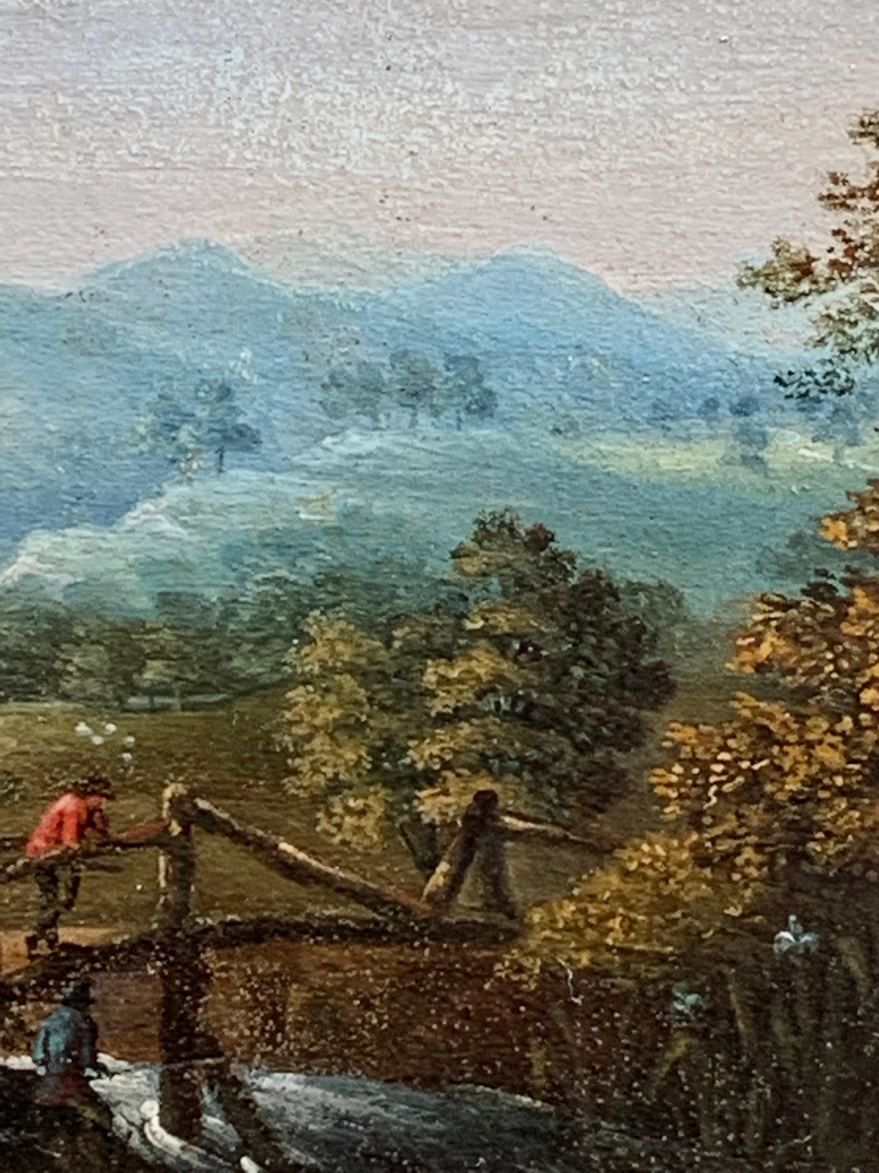 Early 19th century Dutch or Flemish River Landscape, figure crossing a bridge - Brown Figurative Painting by 19th century Dutch or Flemish school