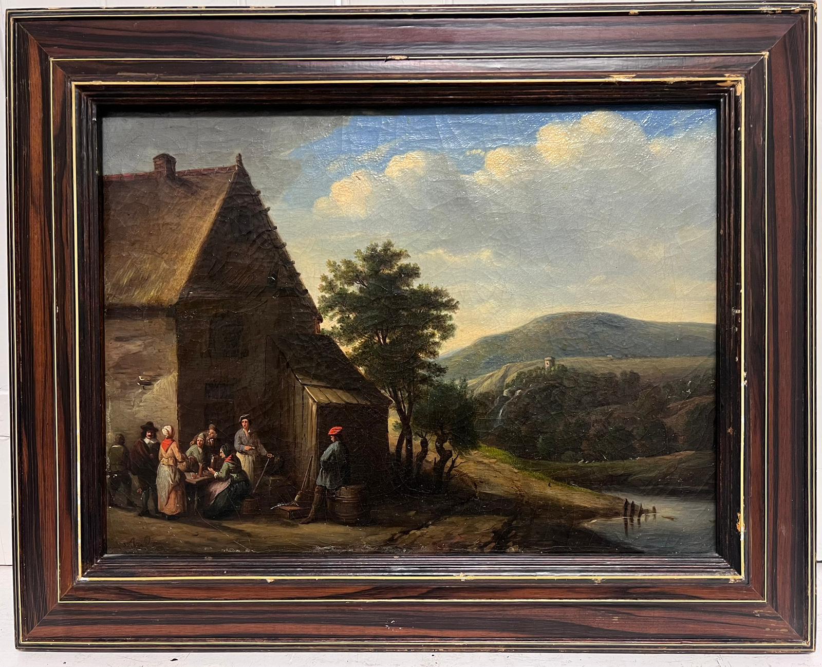 Figures Chatting outside Village Tavern in Mountain Landscape, Period Oil  - Painting by 19th century Dutch or Flemish school