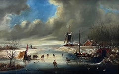 Winter Ice Skating Dutch Antique Oil Painting Villagers Enjoying Winter Snow