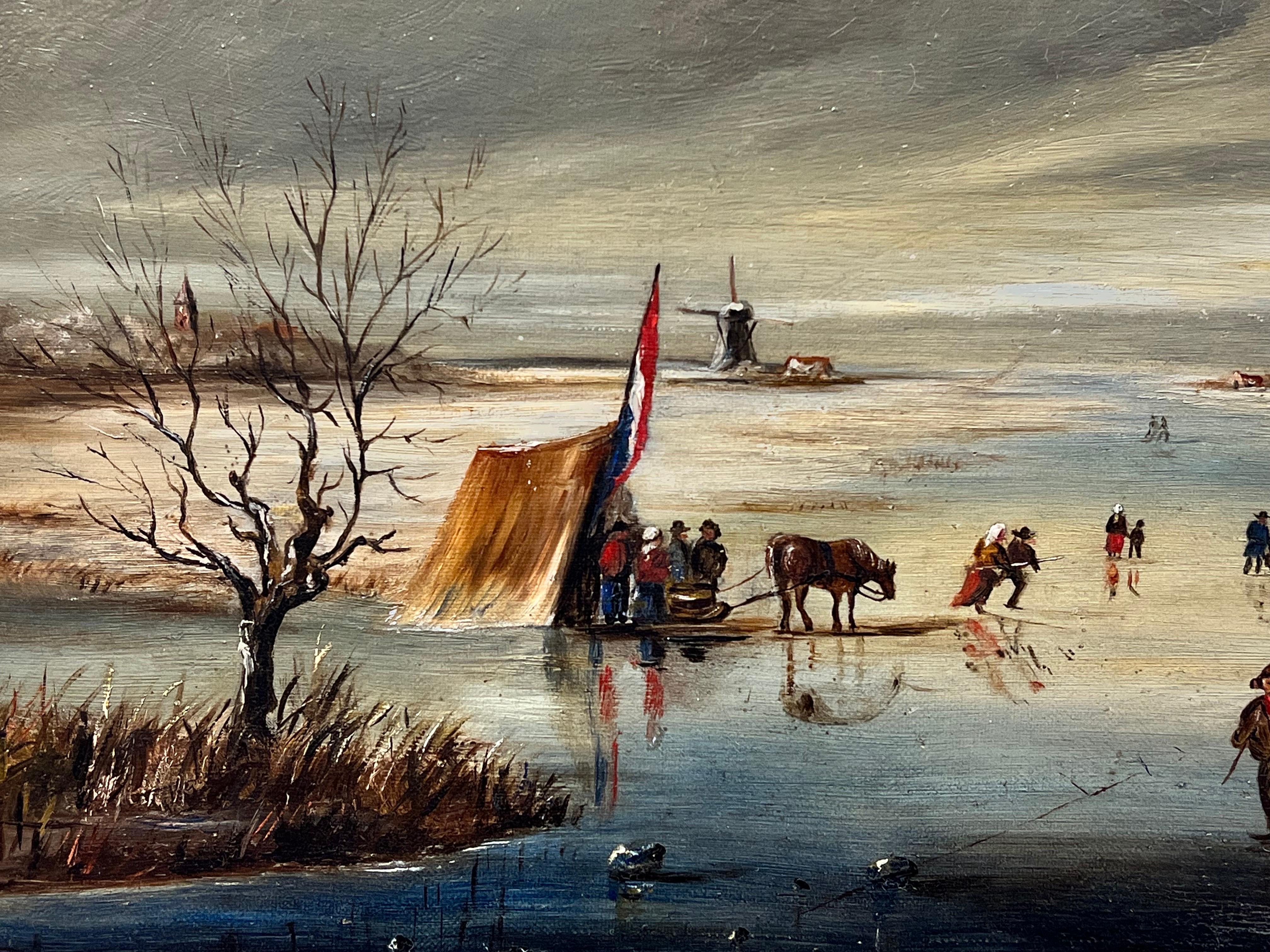 Winter Ice Skating Dutch Antique Oil Painting Villagers Enjoying Winter Snow 1