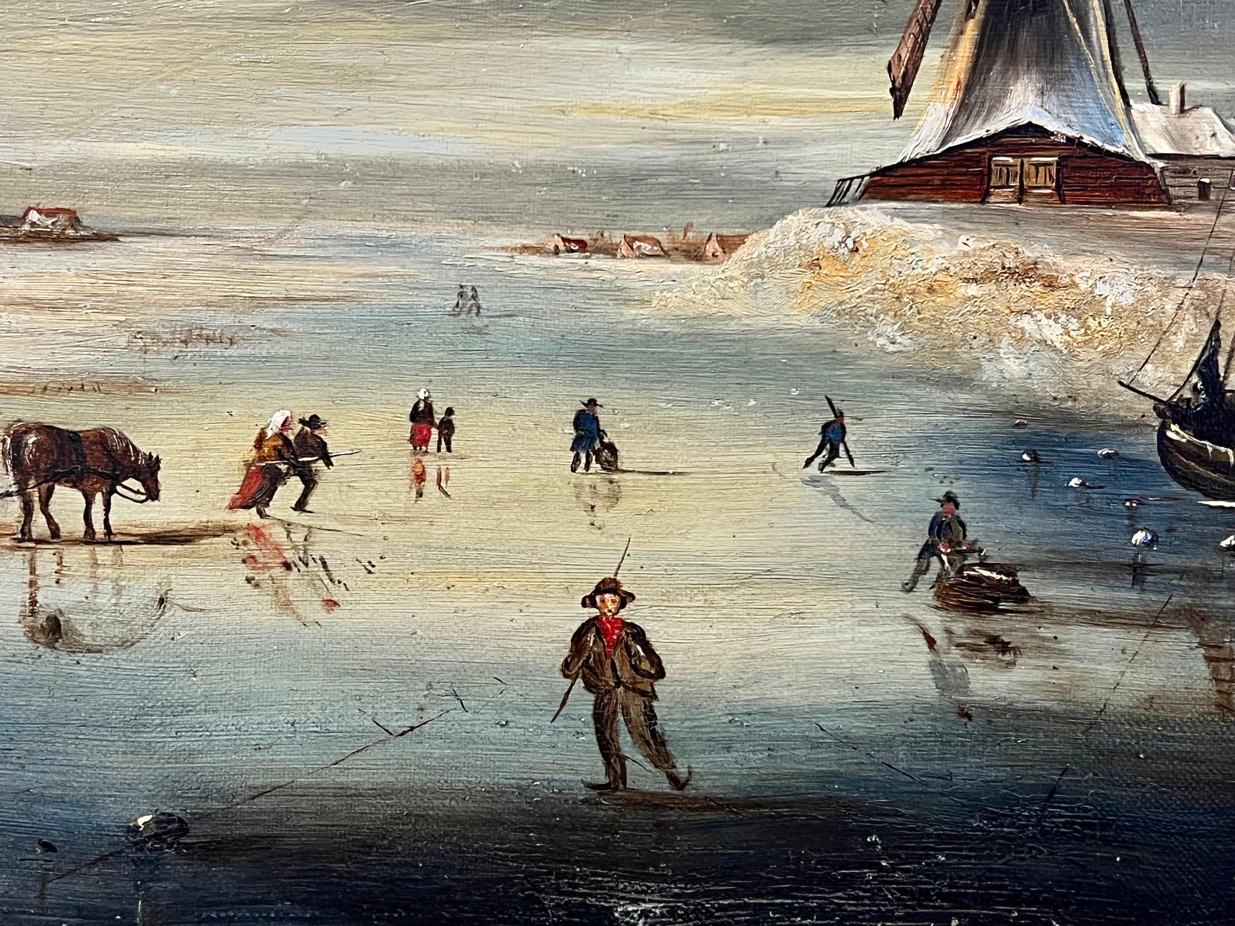 Winter Ice Skating Dutch Antique Oil Painting Villagers Enjoying Winter Snow 2
