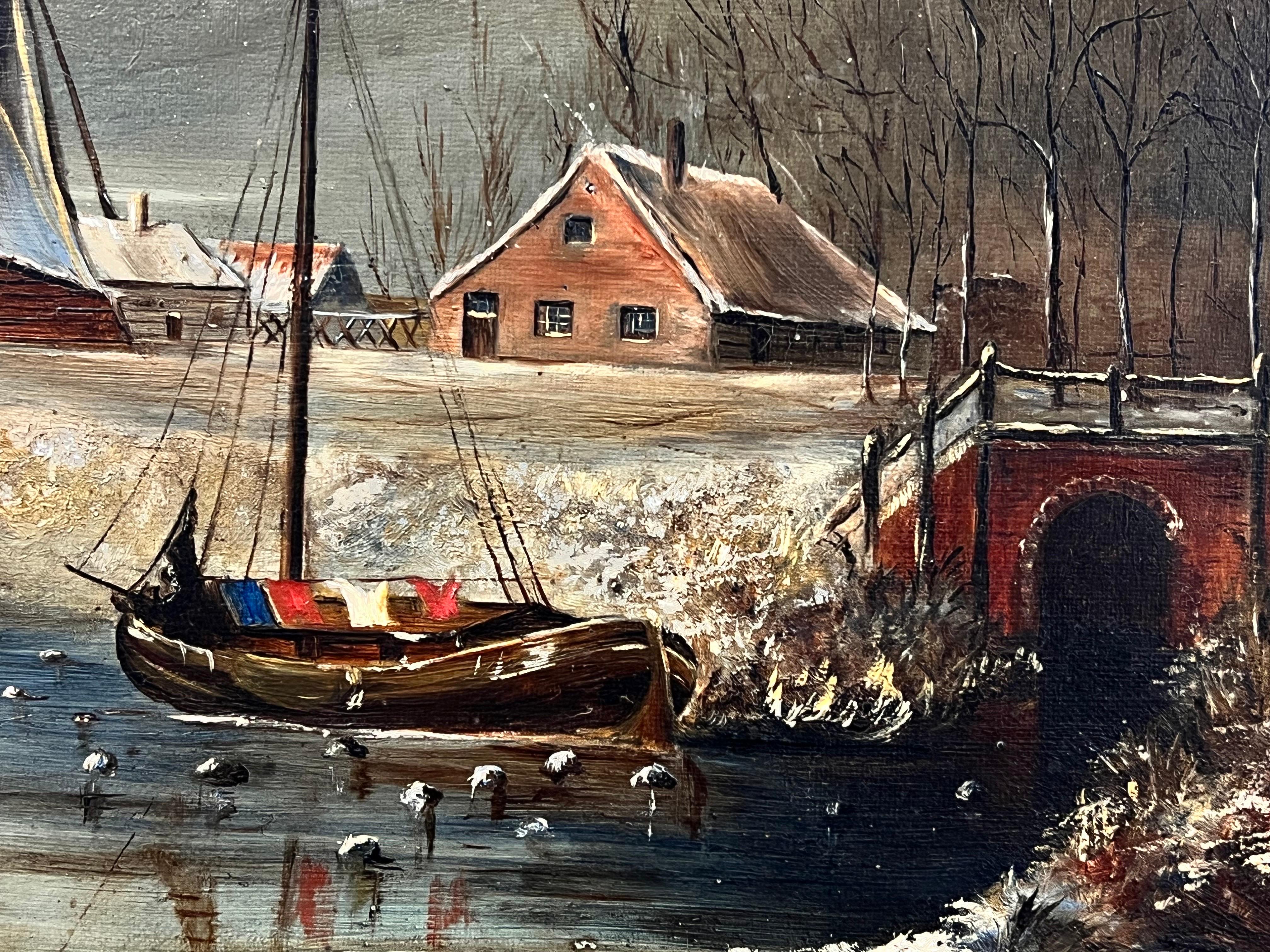 Winter Ice Skating Dutch Antique Oil Painting Villagers Enjoying Winter Snow 3