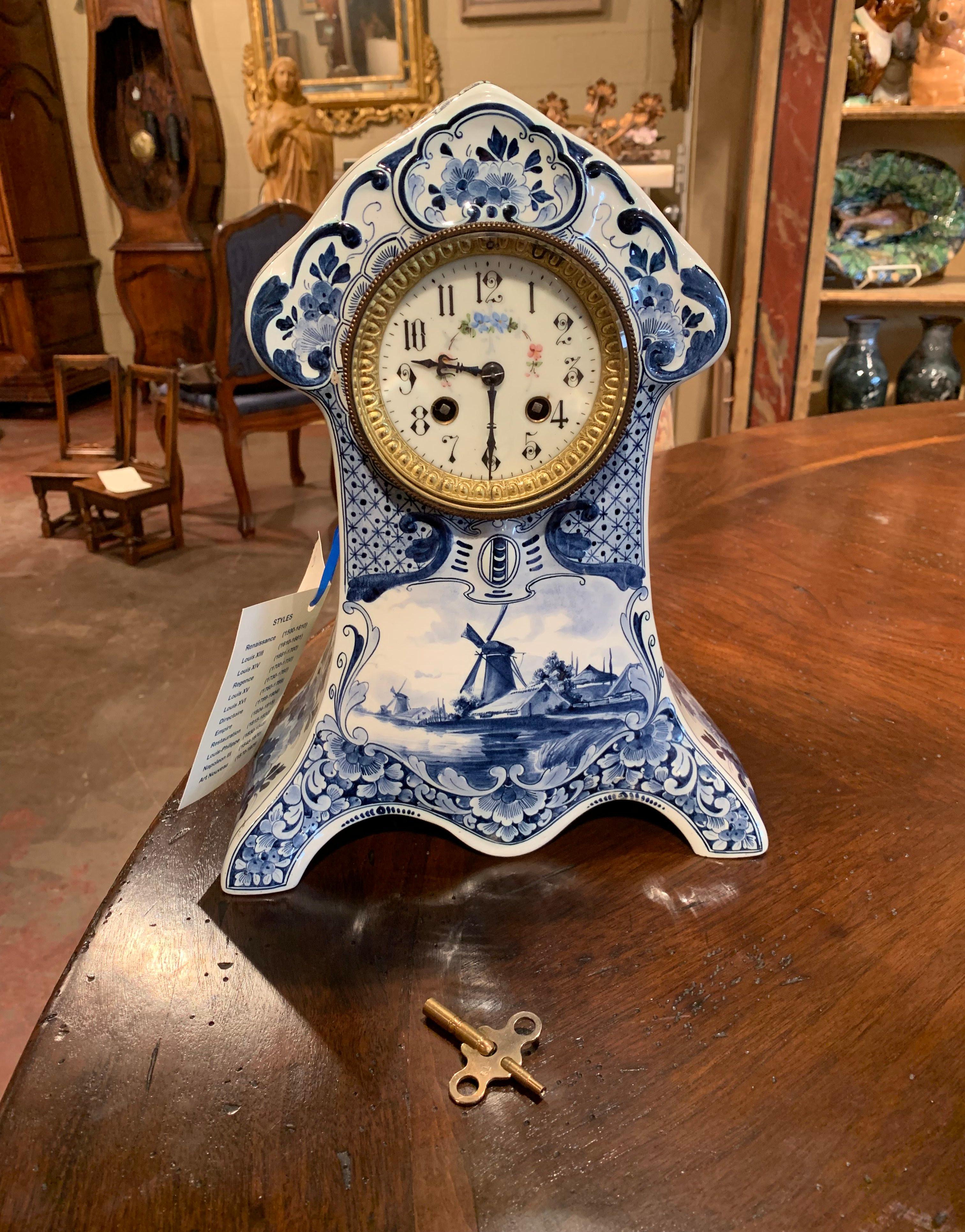 19th Century Dutch Painted Blue and White Faience Delft Mantel Clock 4
