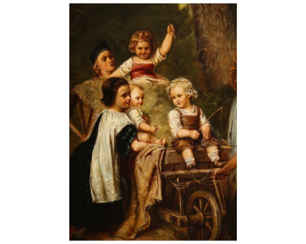 Peinture hollandaise du 19e siècle représentant des enfants sur une charrette de foin Bon état - En vente à New York, NY