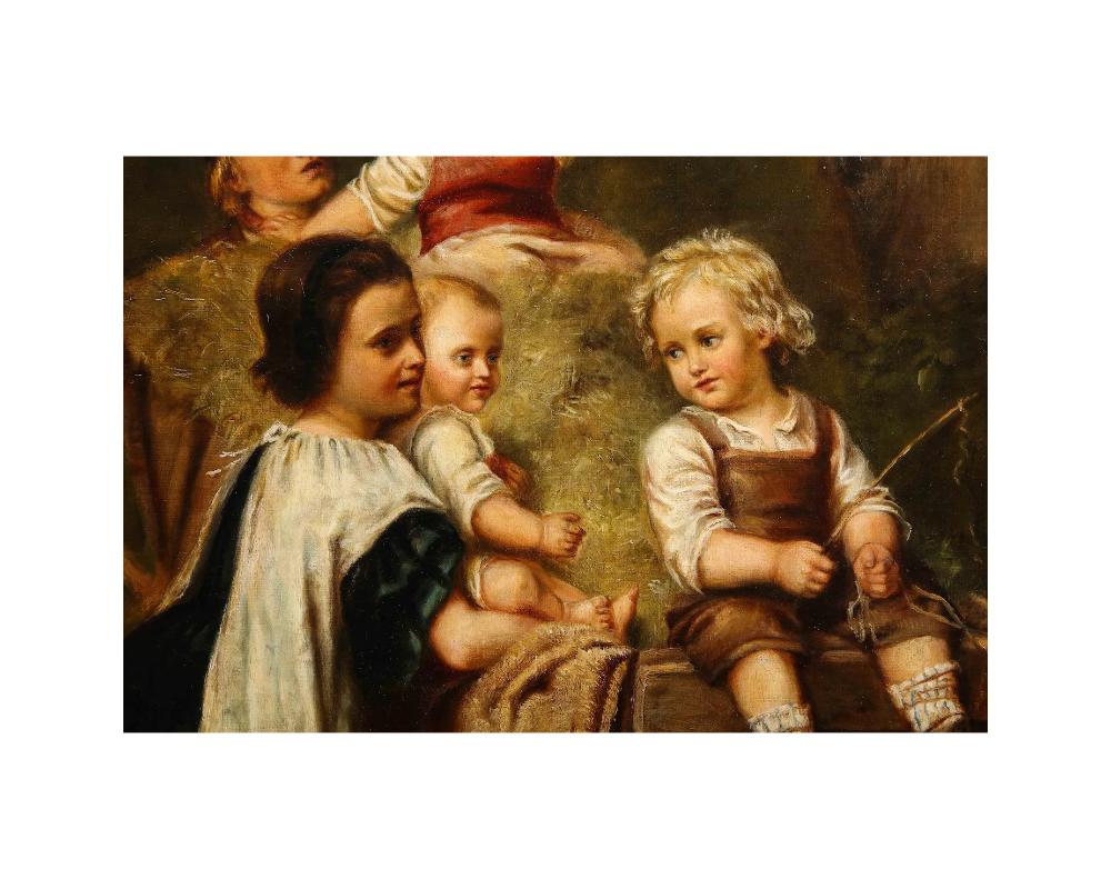 19th Century Dutch Painting of Children on a Hay Cart For Sale 5