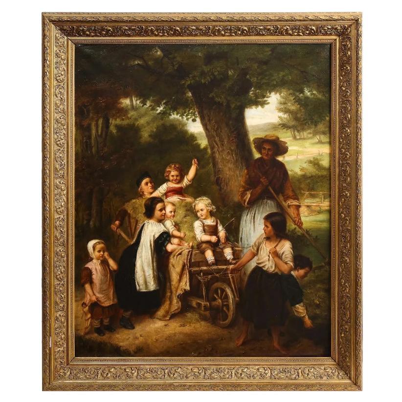 Peinture hollandaise du 19e siècle représentant des enfants sur une charrette de foin en vente