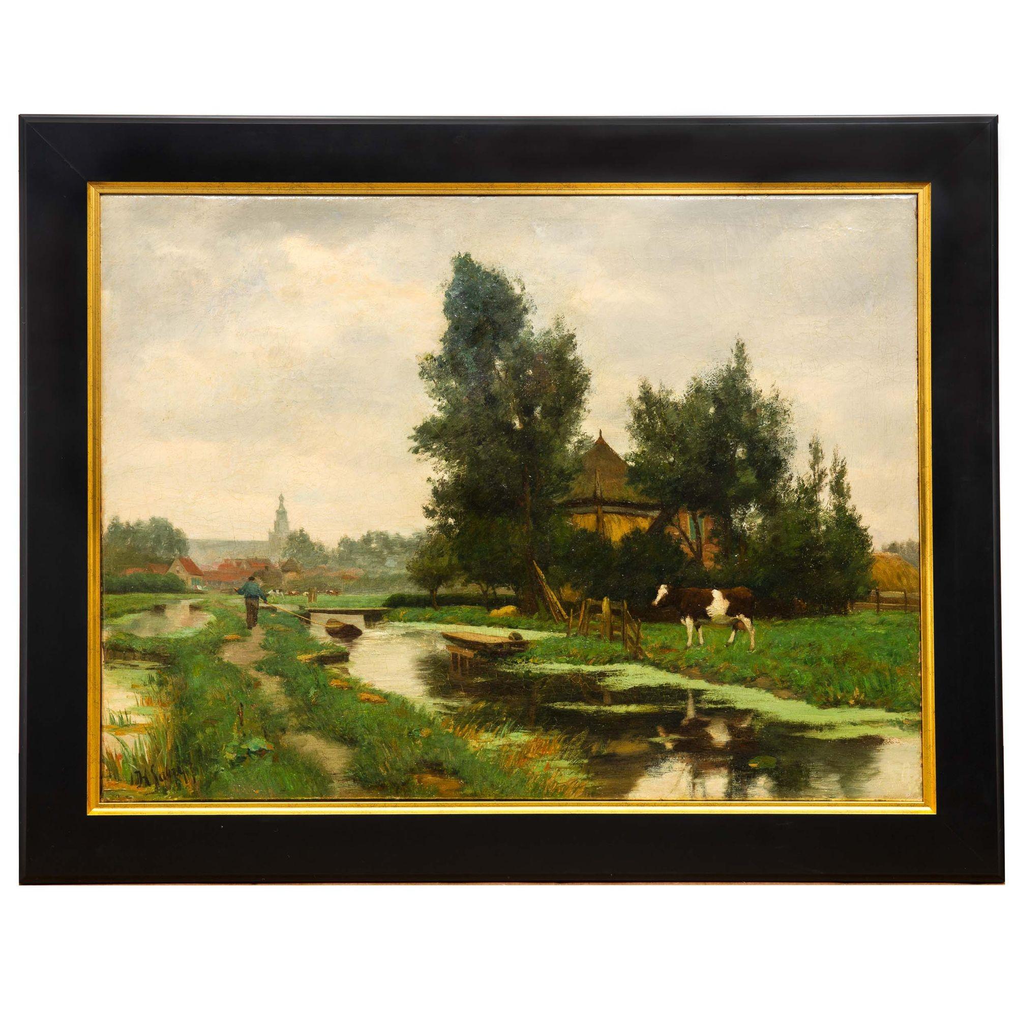 Romantic 19th Century Dutch Pastoral Landscape Painting by Hendrik Savry For Sale