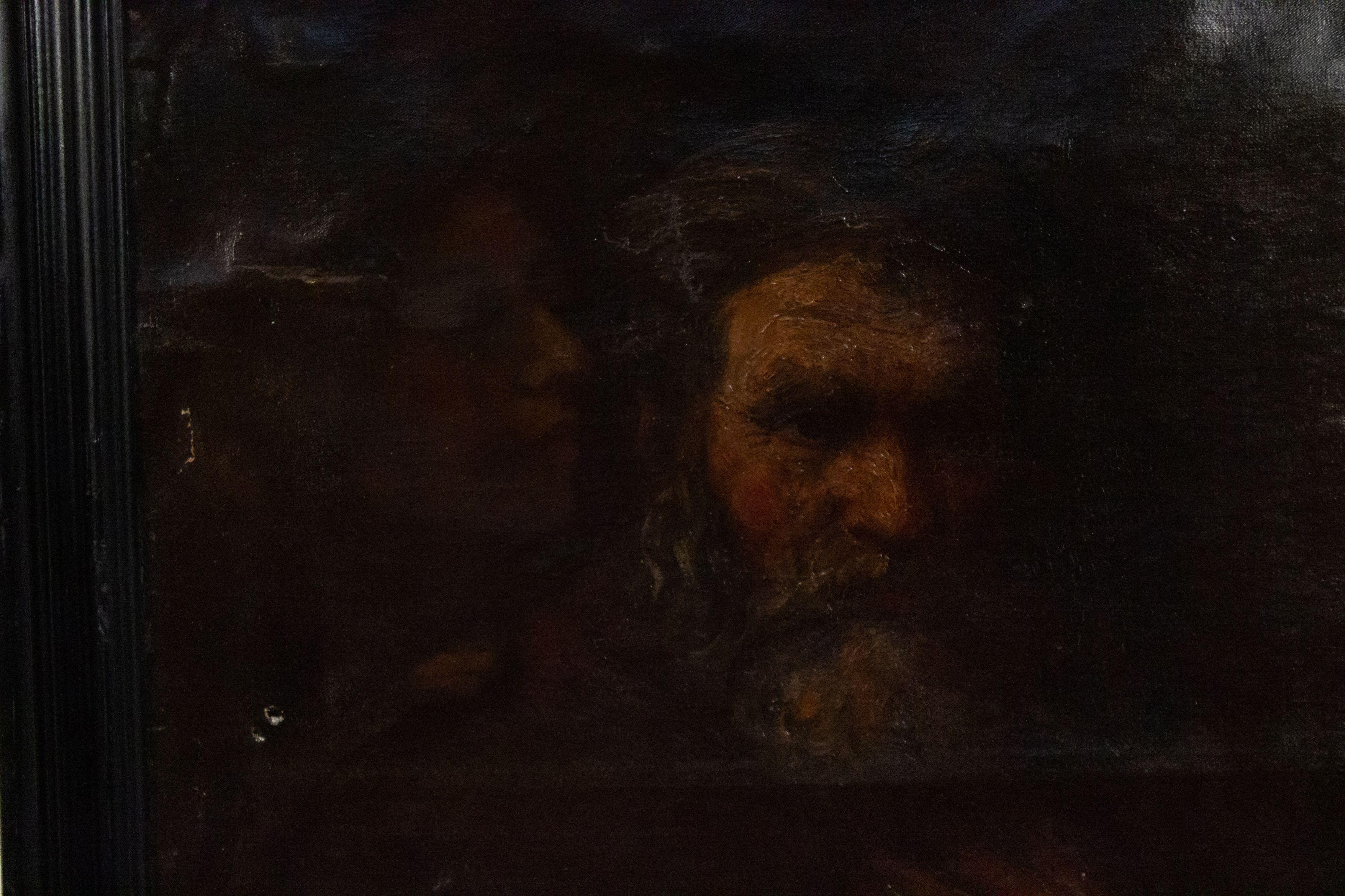 Peinture à l'huile hollandaise de style vieux maître (19e siècle) encadrée en noir représentant un vieil homme écrivant dans un livre avec une dame en arrière-plan (succession Enrico Caruso).