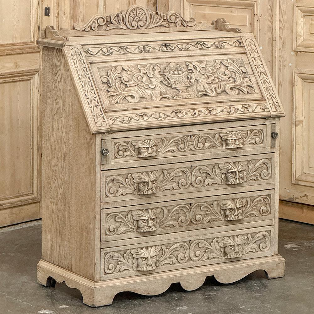 Neorinascimentale Scrivania rinascimentale olandese del XIX secolo con fronte a ribalta, in Oak striato in vendita