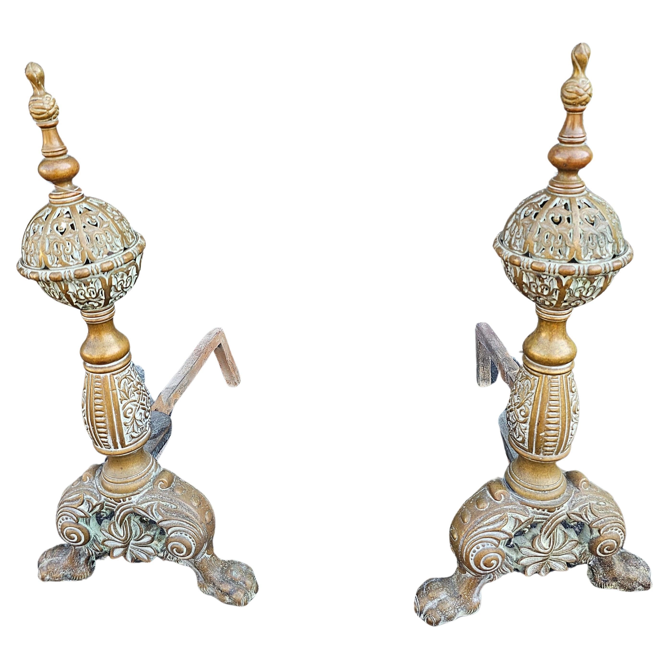 19th Century Dutch Rococo Style Brass Andironsns  For Sale