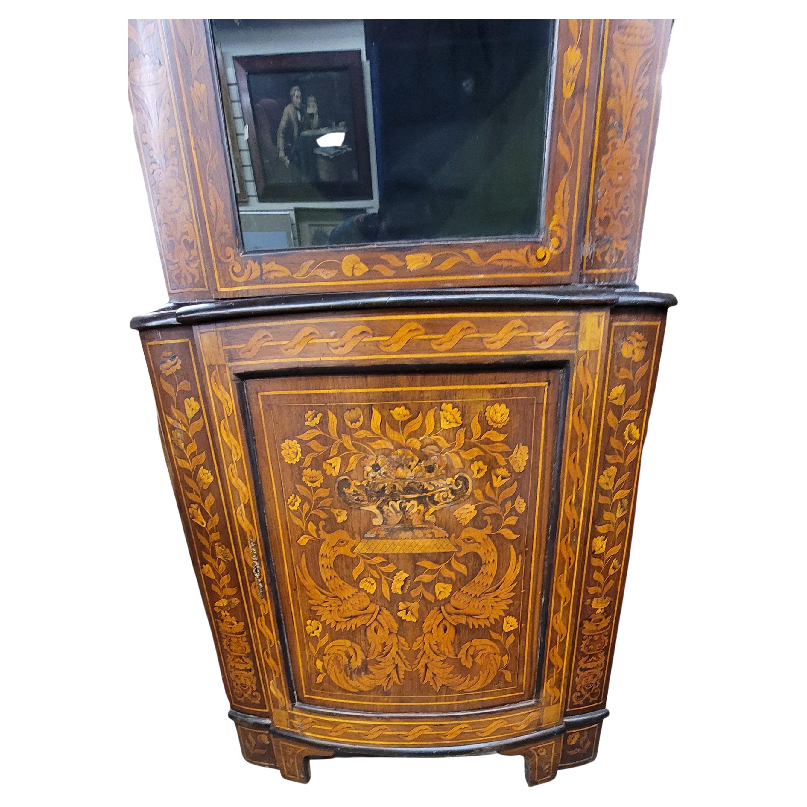 Dutch Colonial 19th Century Dutch Rococo Style Marquetry Walnut Two-Piece Corner Cabinet For Sale
