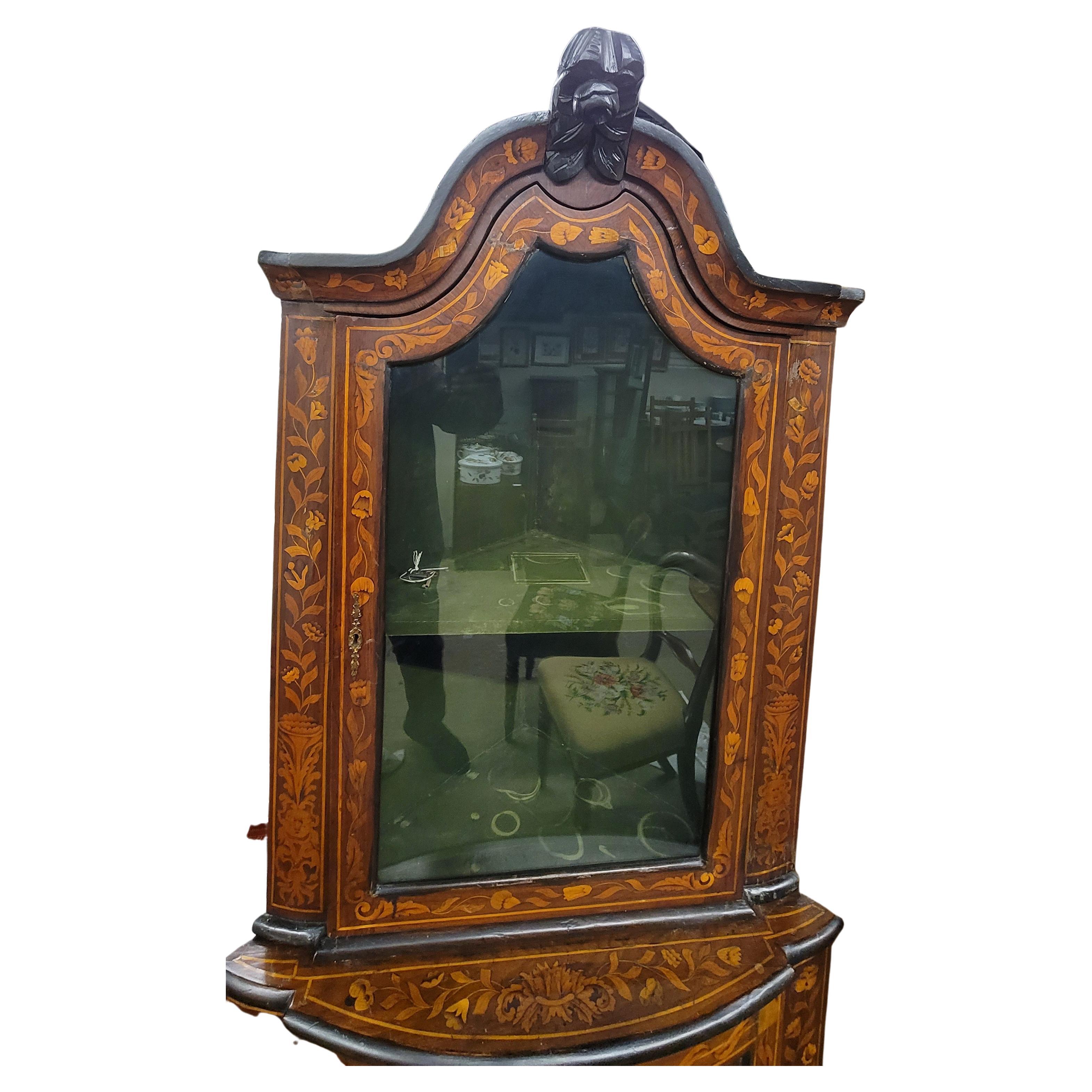 Hand-Carved 19th Century Dutch Rococo Style Marquetry Walnut Two-Piece Corner Cabinet For Sale