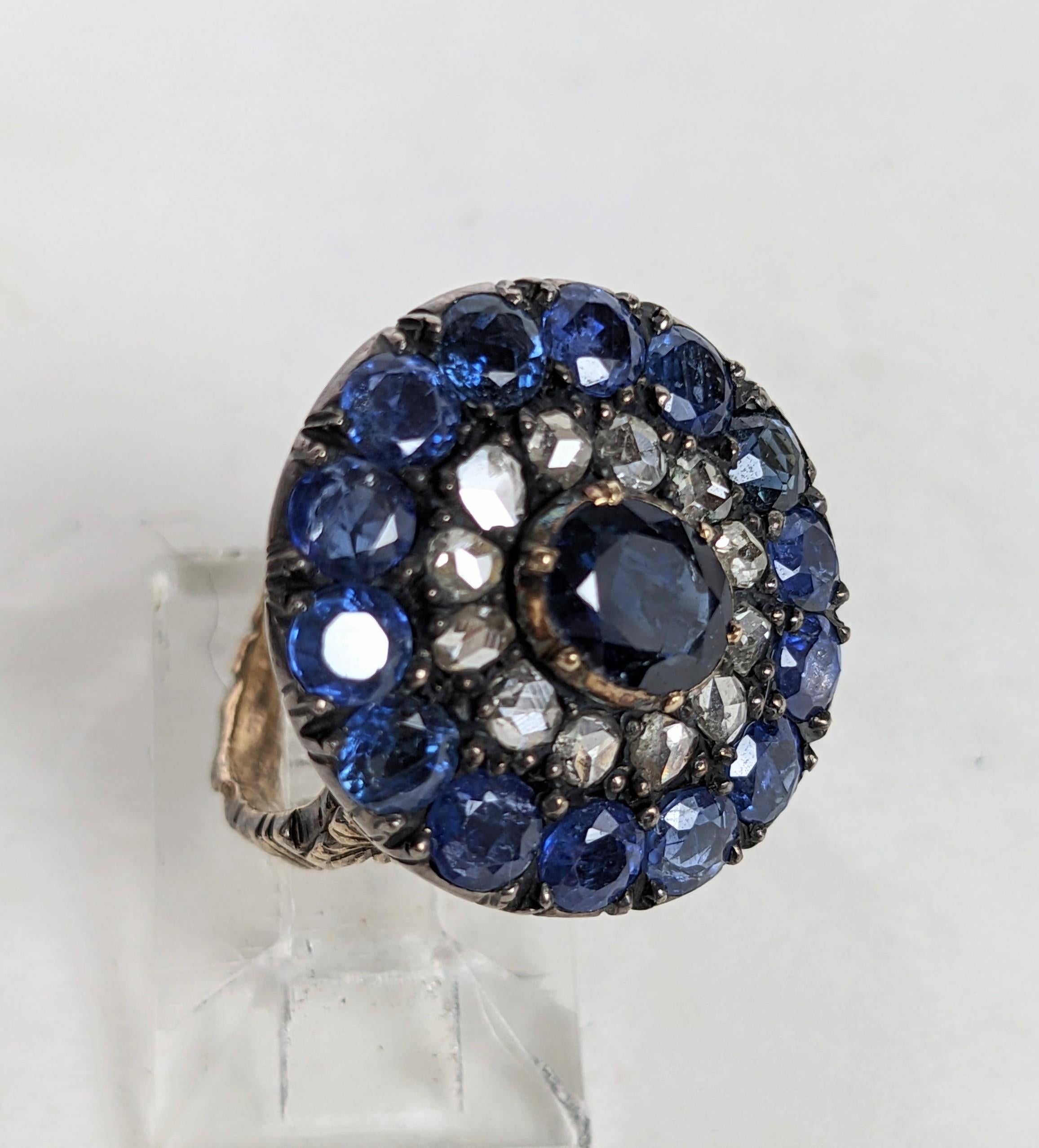 Late Victorian 19th Century Dutch Sapphire and Rose Diamond Cluster Ring For Sale