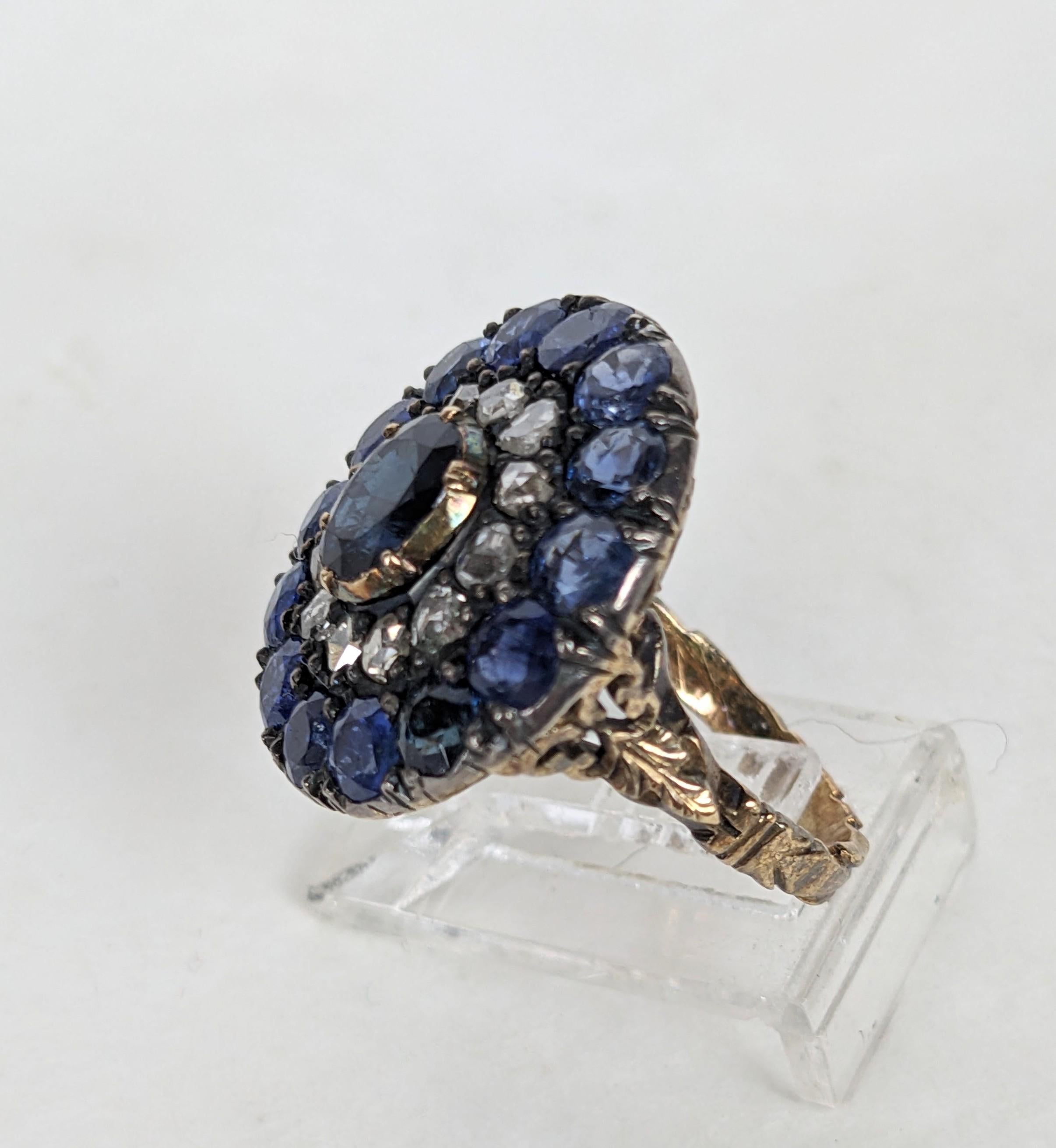Rose Cut 19th Century Dutch Sapphire and Rose Diamond Cluster Ring For Sale