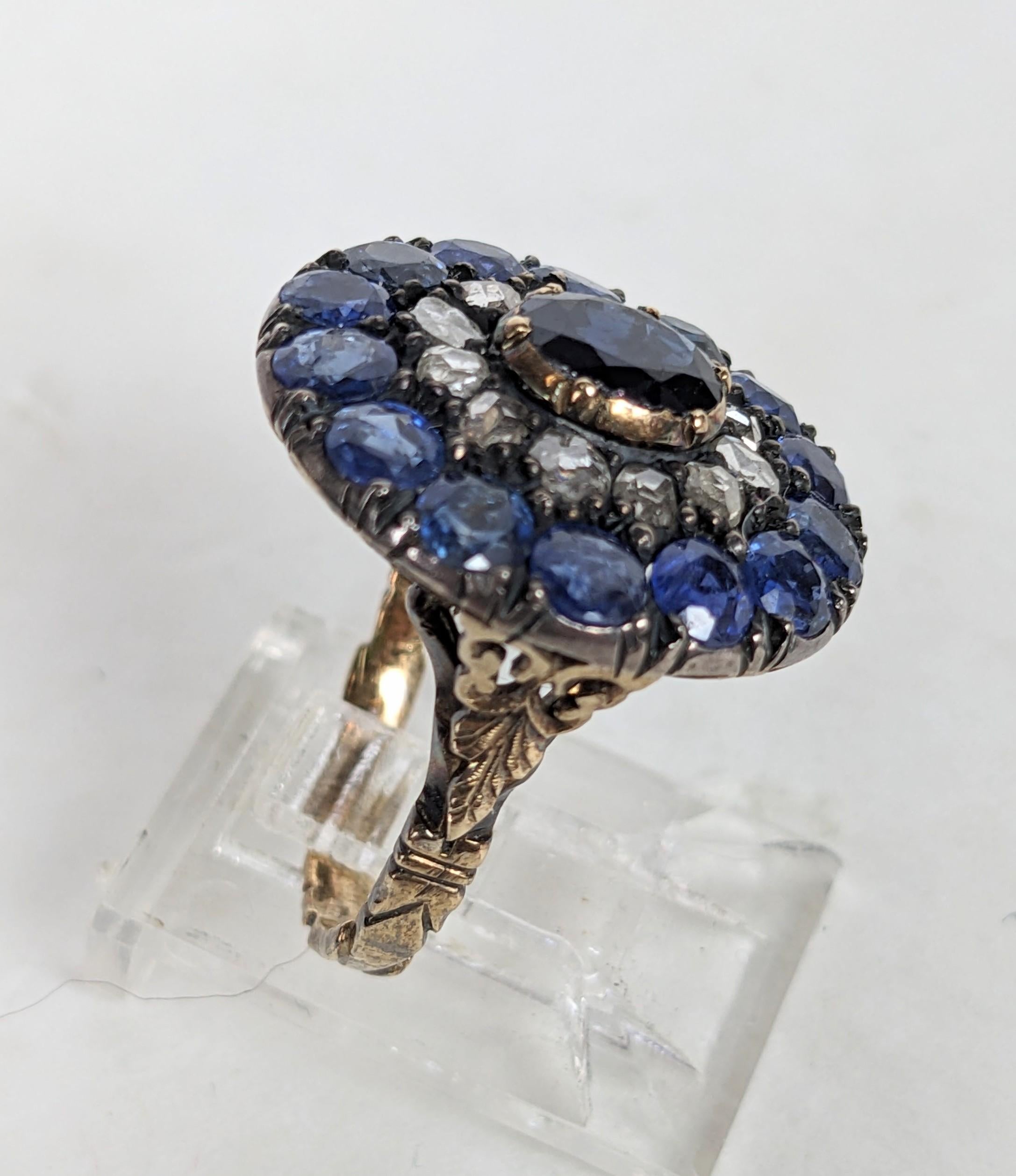 19th Century Dutch Sapphire and Rose Diamond Cluster Ring In Excellent Condition For Sale In Riverdale, NY