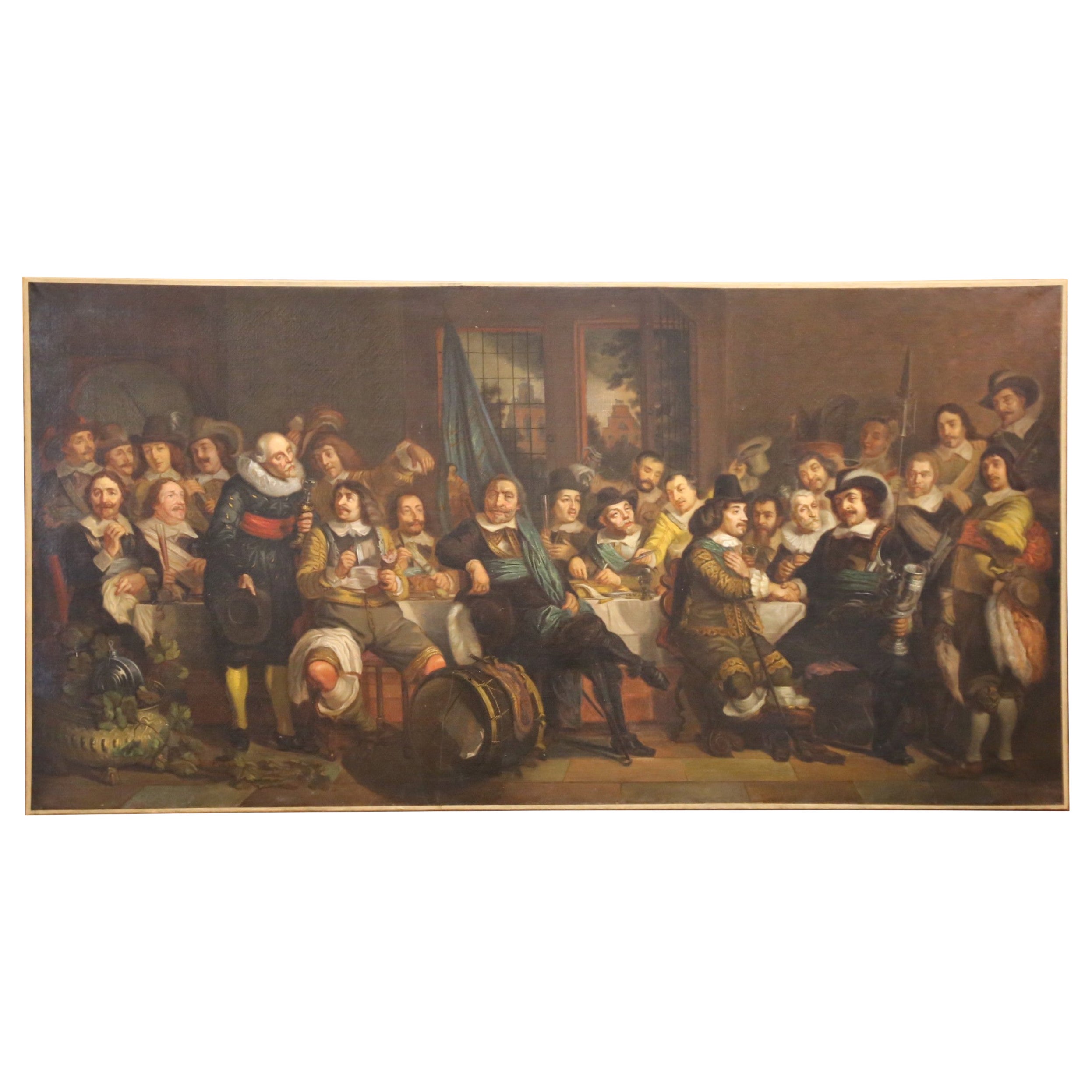 Peinture à l'huile de l'école hollandaise du XIXe siècle représentant un banquet, d'après A der Van