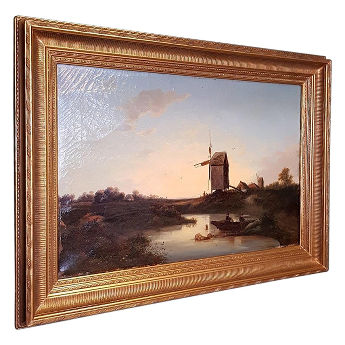 Antique Dutch School oil painting on canvas and attributed to Johannes Hilverdink, depicting a polder landscape of fishermen at a mill in a new gilt frame, it has some paint loss in the left corner and in a reasonable condition around crackle.