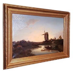 19th Century Dutch School Oil Painting with Landscape of Fishermen Near a Mill