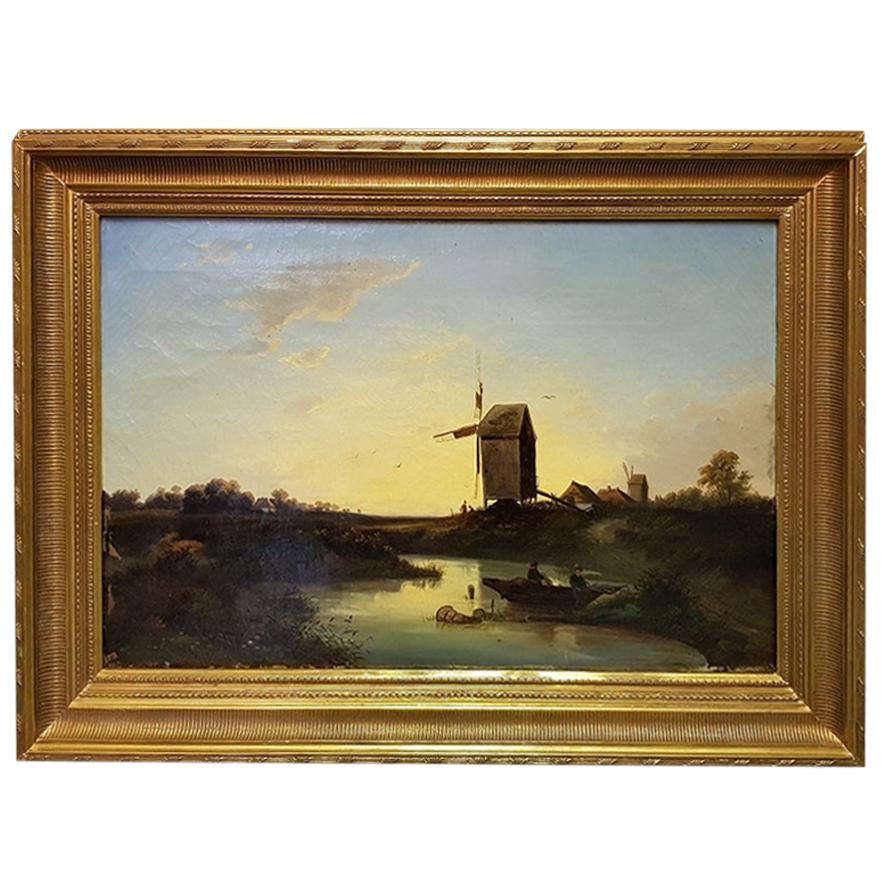 19th Century Dutch School Oil Painting with Landscape of Fishermen Near a Mill For Sale