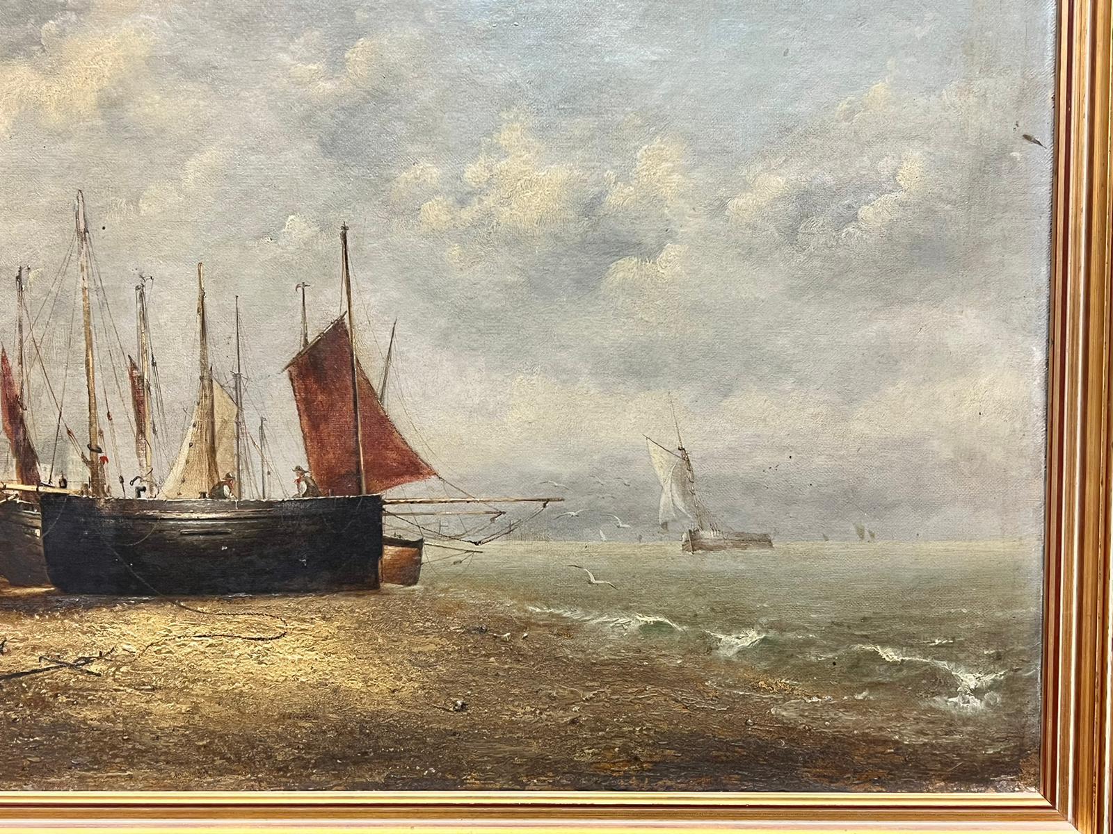 1870's Dutch School Low Tide Fishing Boats Harbour Wall Landscape Signed Oil - Painting by 19th century Dutch School