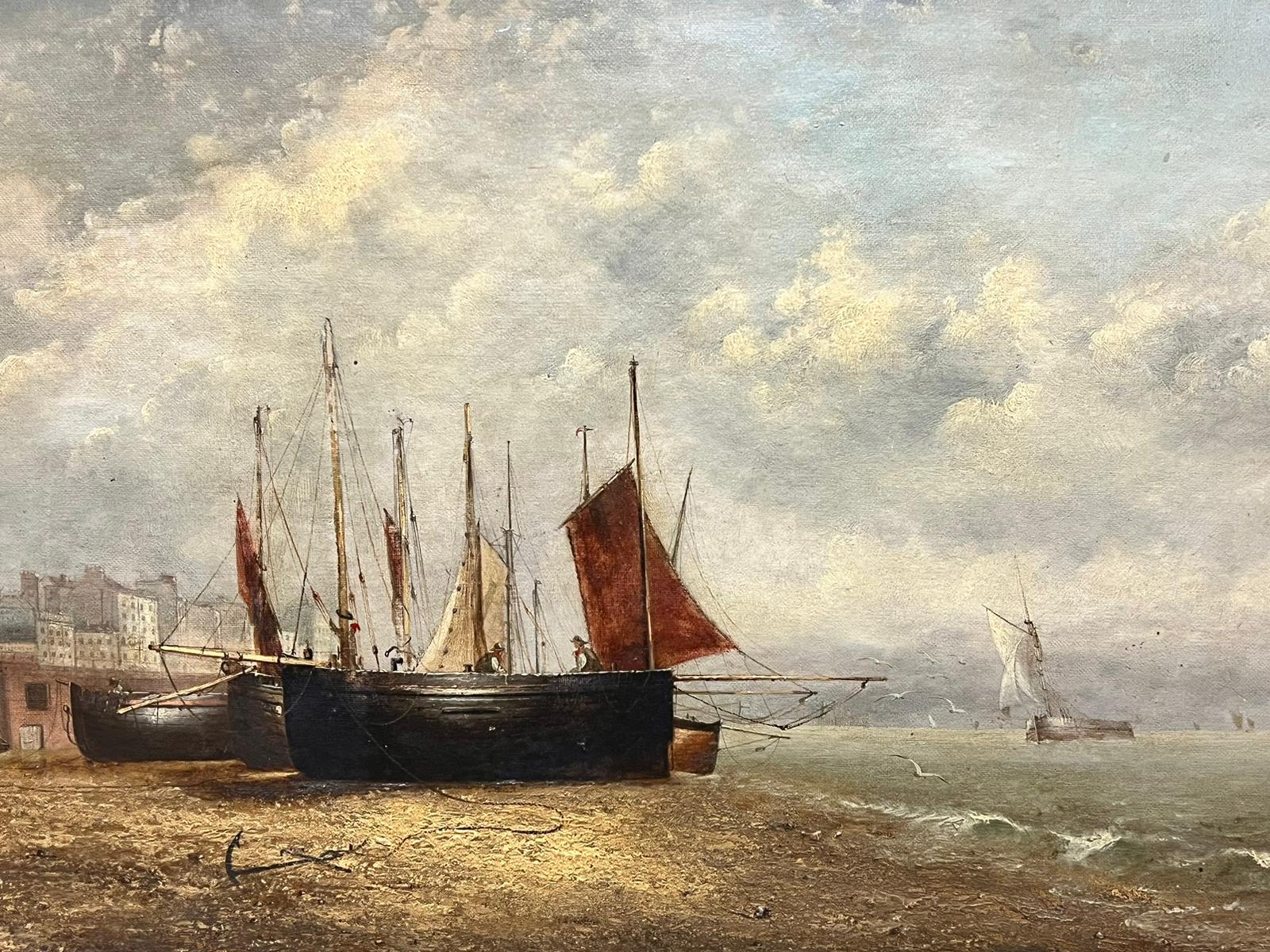 1870's Dutch School Low Tide Fishing Boats Harbour Wall Landscape Signed Oil - Victorian Painting by 19th century Dutch School
