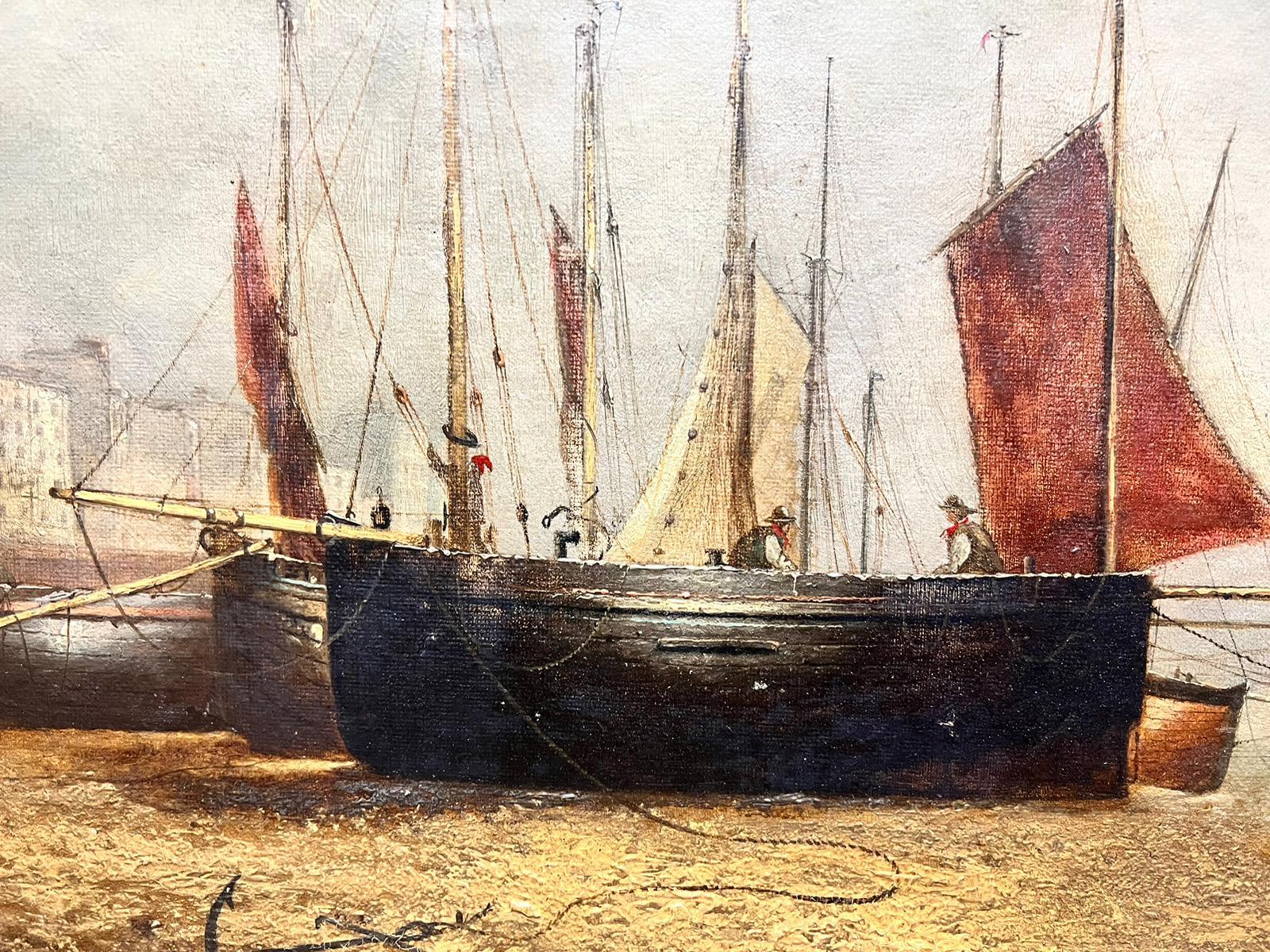 Fishing Boats along a harbour 
Dutch School (late 19th century)
indistinctly signed and dated 1879
oil on canvas, framed
framed: 22 x 32 inches
painting: 20 x 30 inches
provenance: private UK collection
The painting is in good and presentable