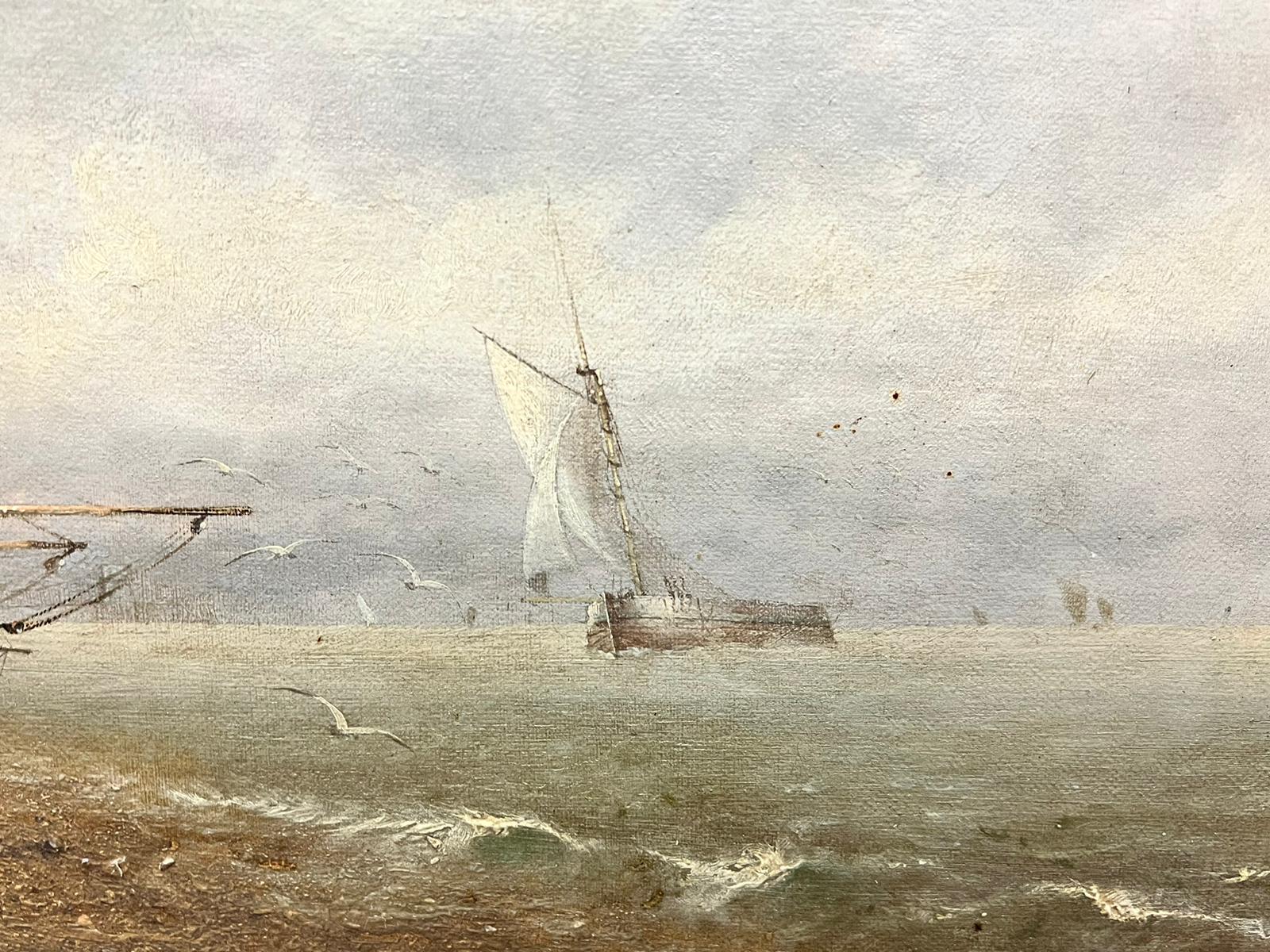1870's Dutch School Low Tide Fishing Boats Harbour Wall Landscape Signed Oil 1